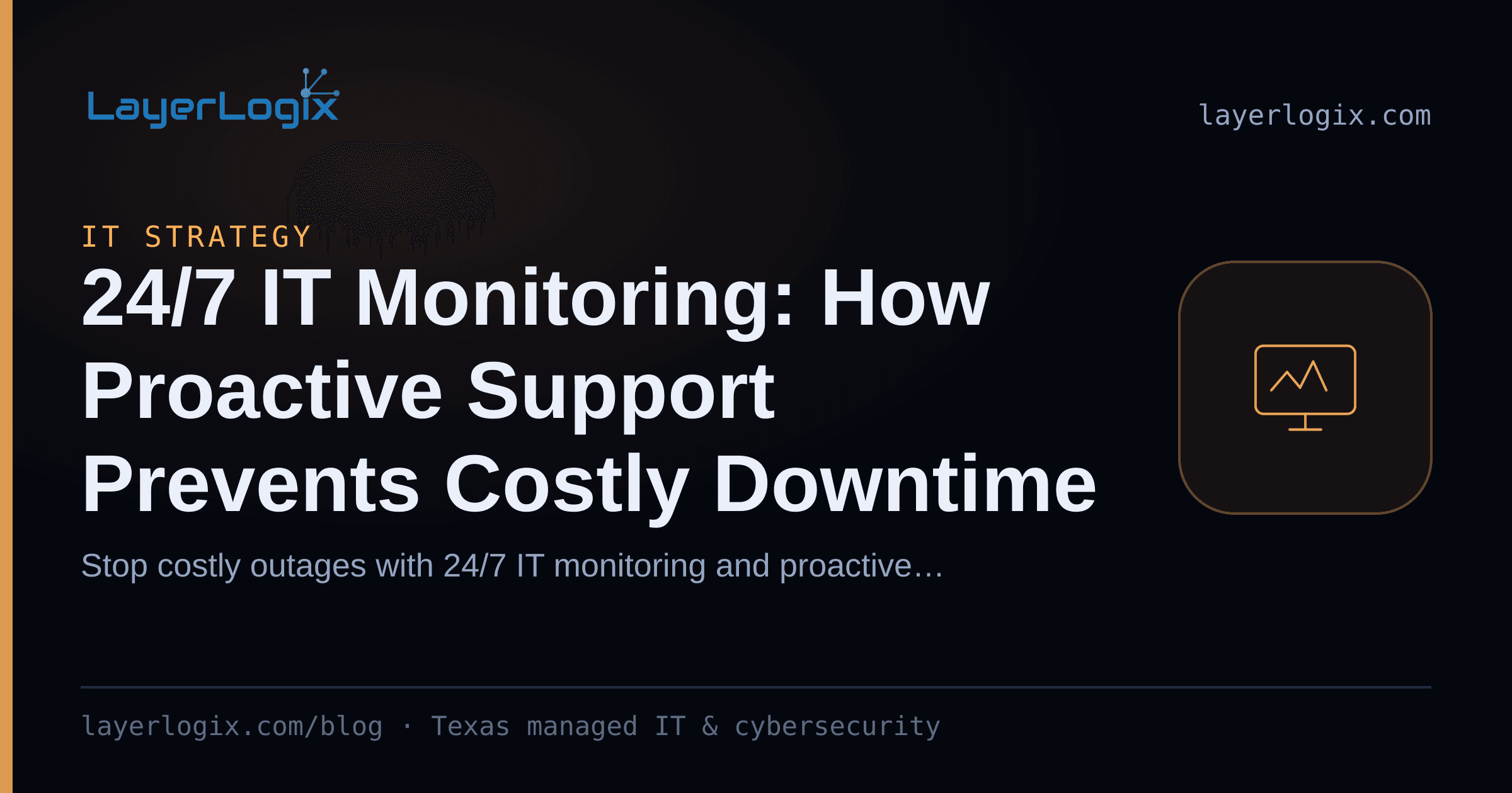 24/7 IT Monitoring: How Proactive Support Prevents Costly Downtime — IT Strategy article cover card from LayerLogix, with a monitoring dashboard icon