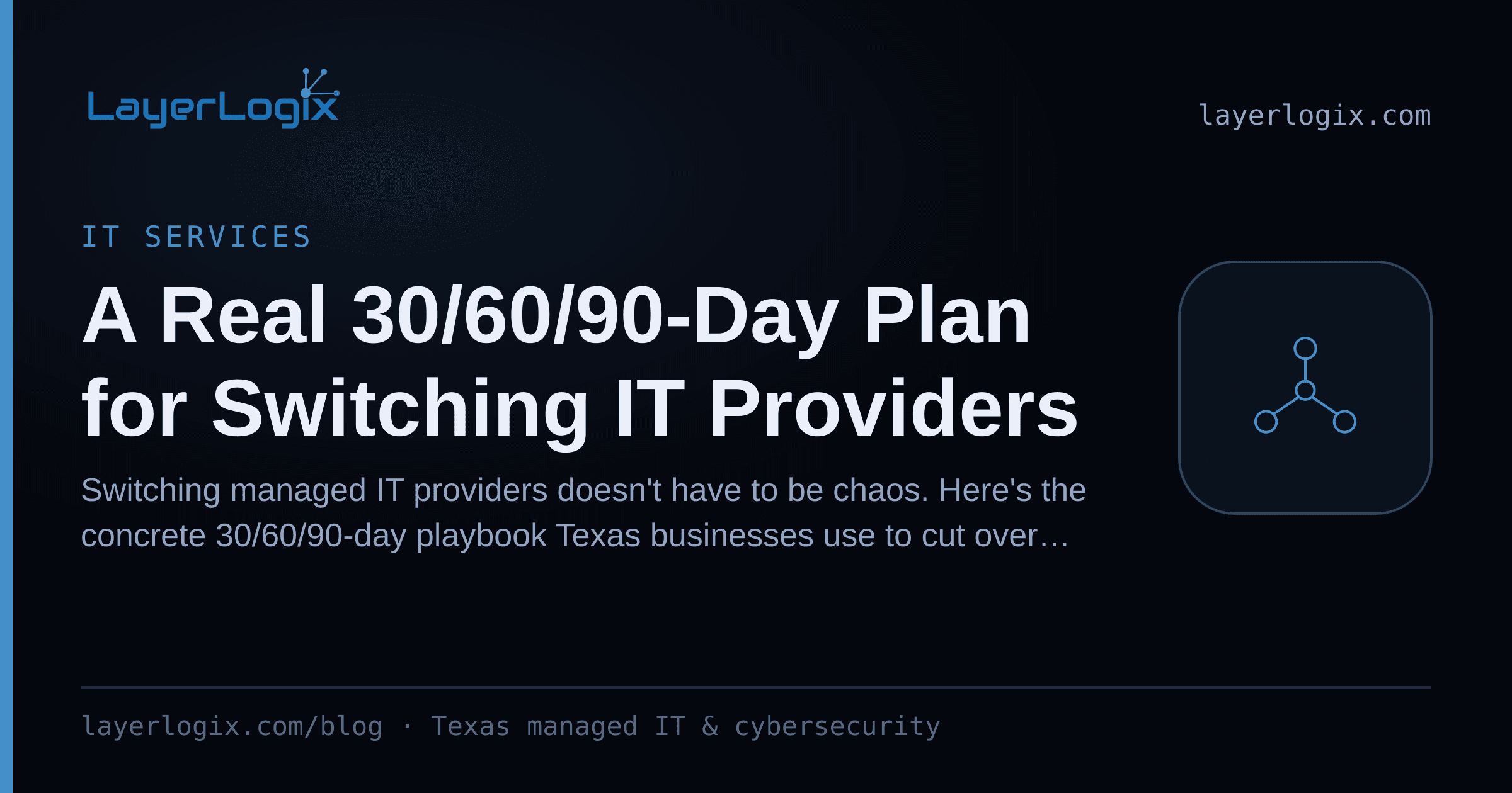 A Real 30/60/90-Day Plan for Switching IT Providers — IT Services article cover card from LayerLogix, with a network topology icon