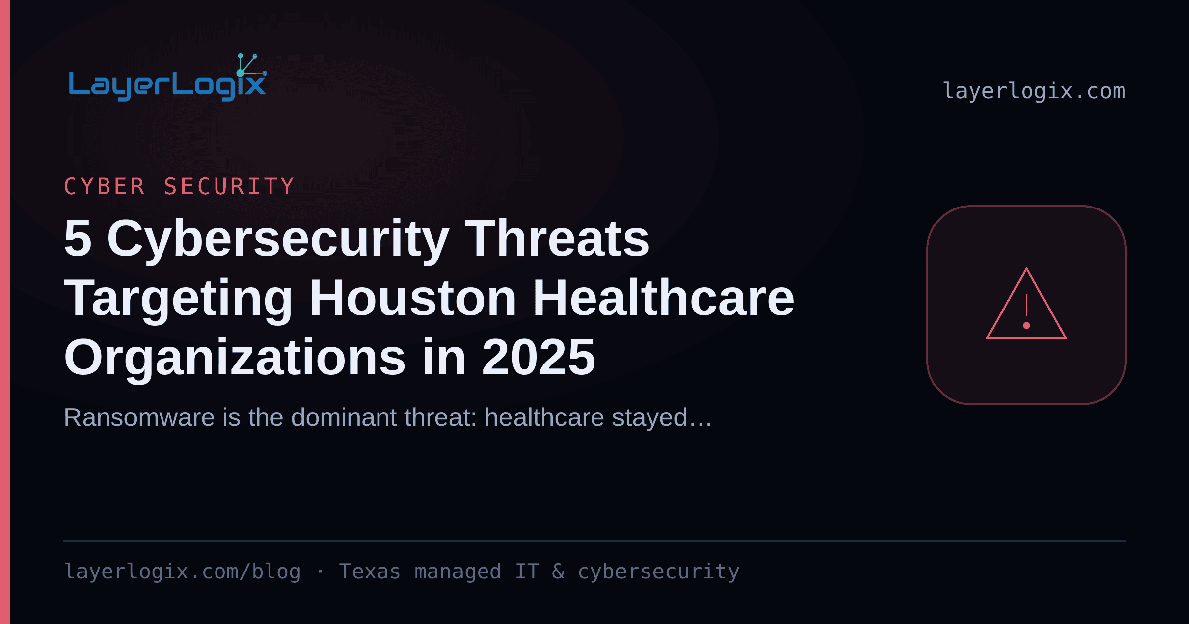 5 Cybersecurity Threats Targeting Houston Healthcare Organizations in 2025 — Cyber Security article cover card from LayerLogix, with a warning alert icon
