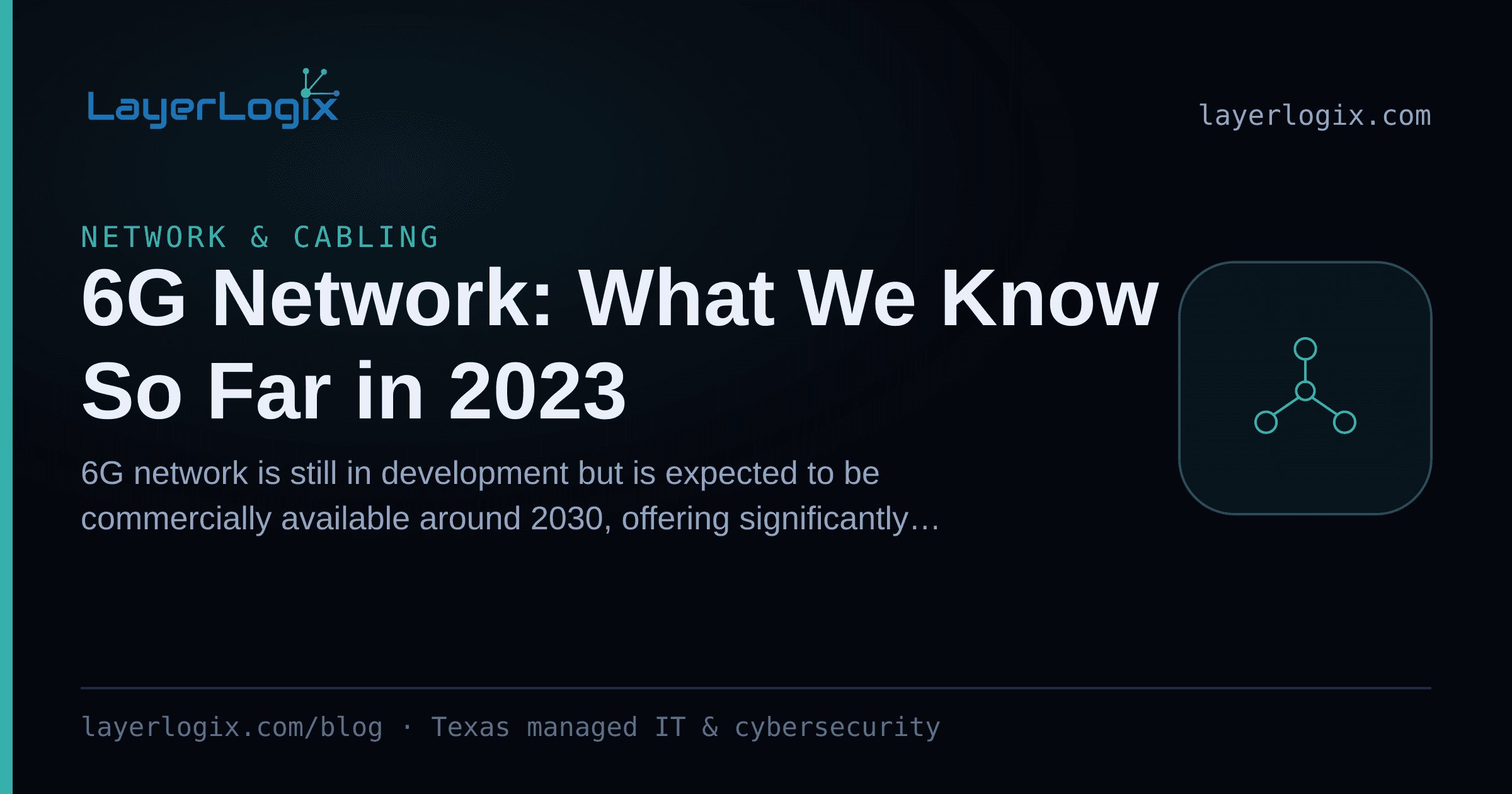 6G Network: What We Know So Far in 2023 — Network & Cabling article cover card from LayerLogix, with a network topology icon