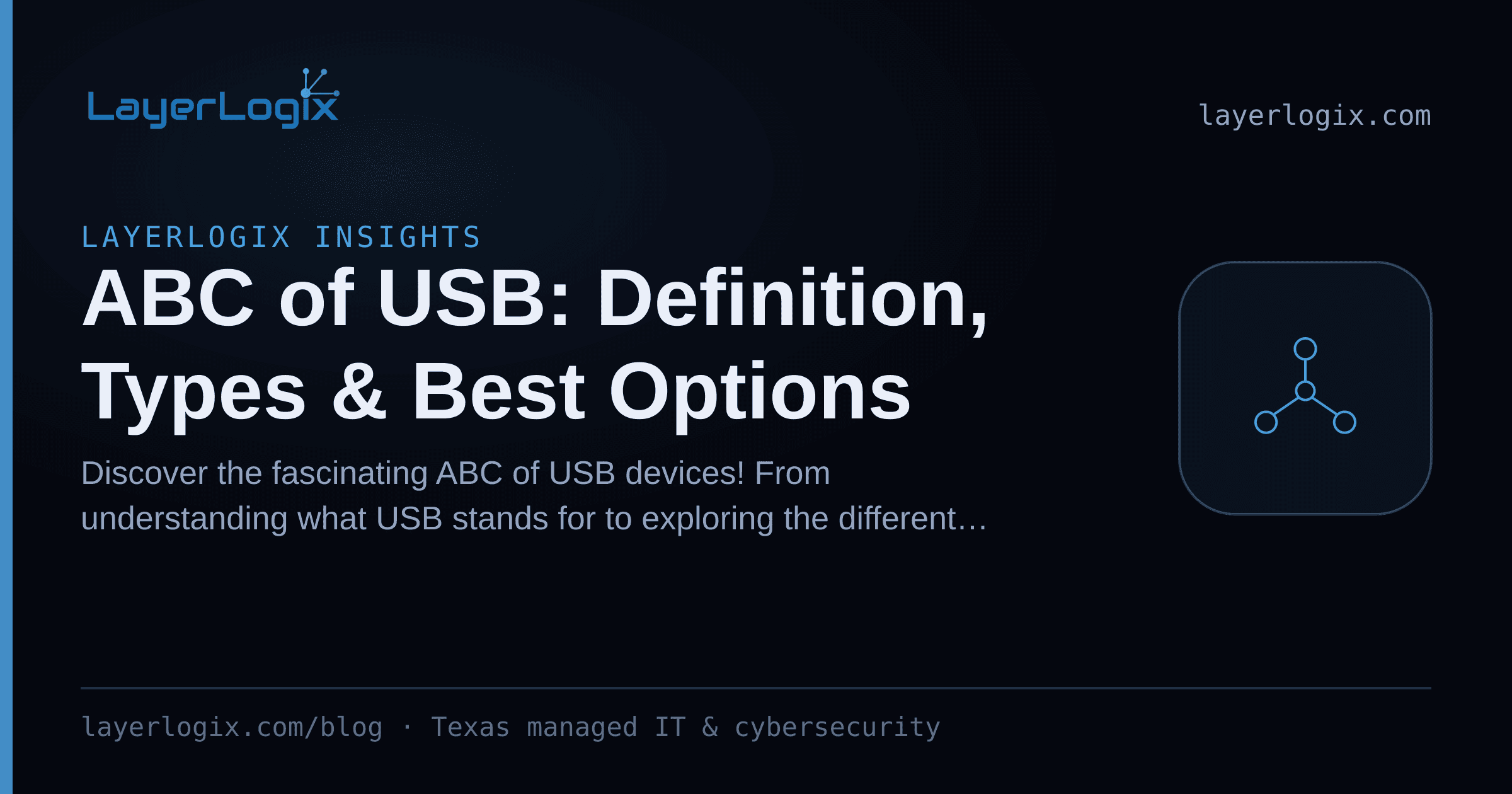 ABC of USB: Definition, Types & Best Options — LayerLogix Insights article cover card from LayerLogix, with a network topology icon