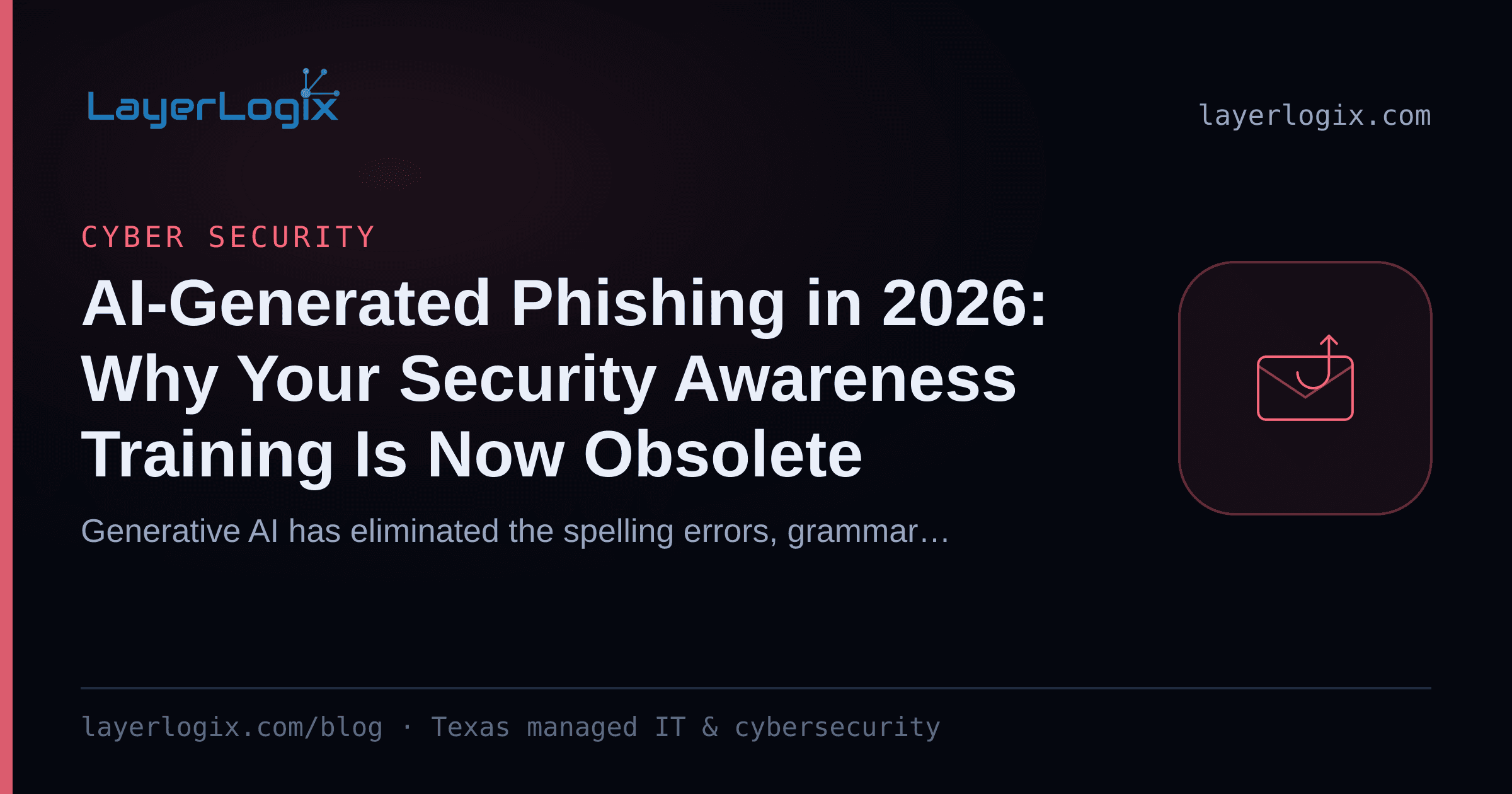 AI-Generated Phishing in 2026: Why Your Security Awareness Training Is Now Obsolete — Cyber Security article cover card from LayerLogix, with a phishing hook icon