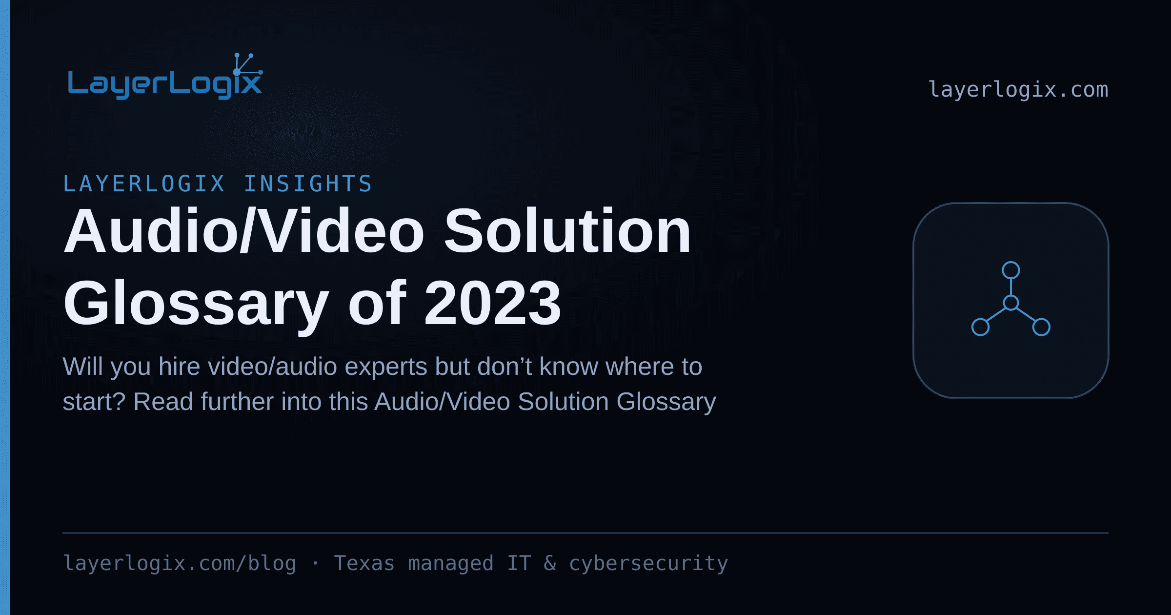 Audio/Video Solution Glossary of 2023 — LayerLogix Insights article cover card from LayerLogix, with a network topology icon