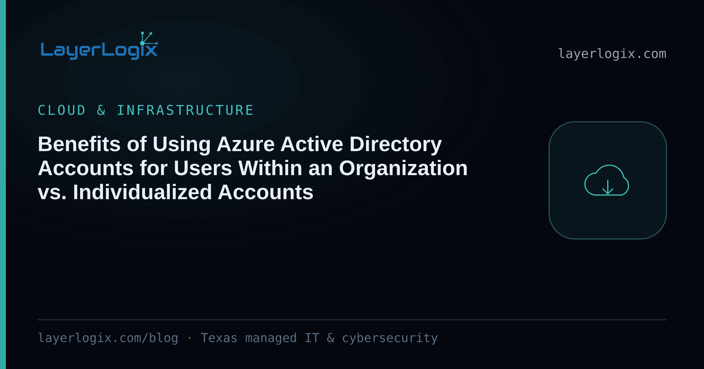 Benefits of Using Azure Active Directory Accounts for Users Within an Organization vs. Individualized Accounts — Cloud & Infrastructure article cover card from LayerLogix, with a cloud icon