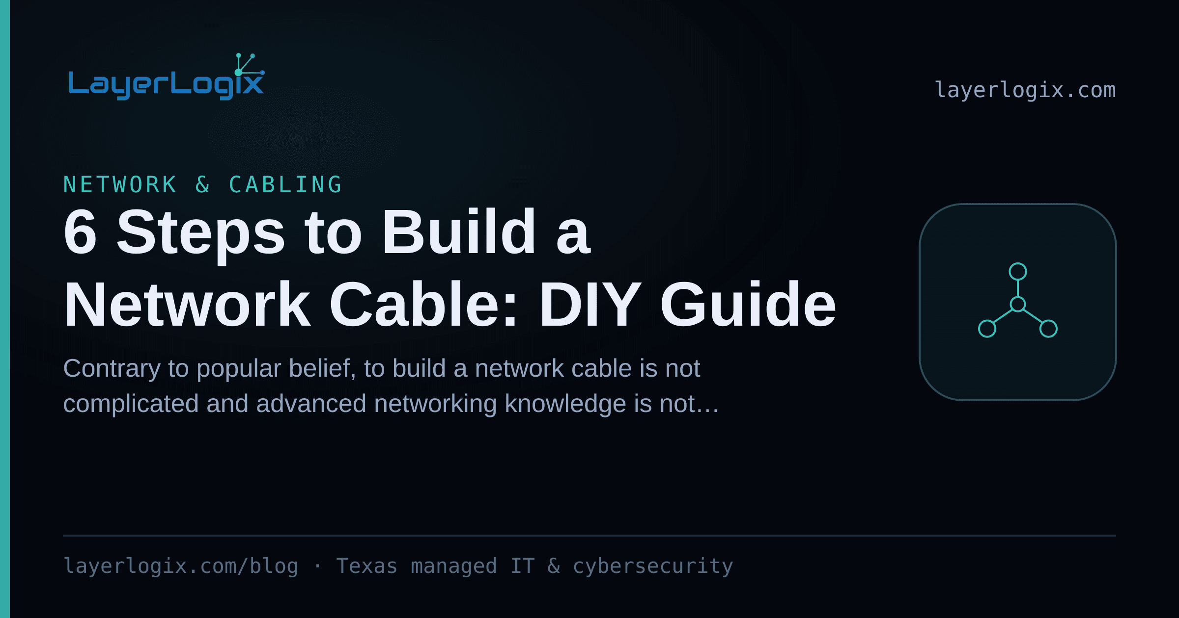 6 Steps to Build a Network Cable: DIY Guide — Network & Cabling article cover card from LayerLogix, with a network topology icon