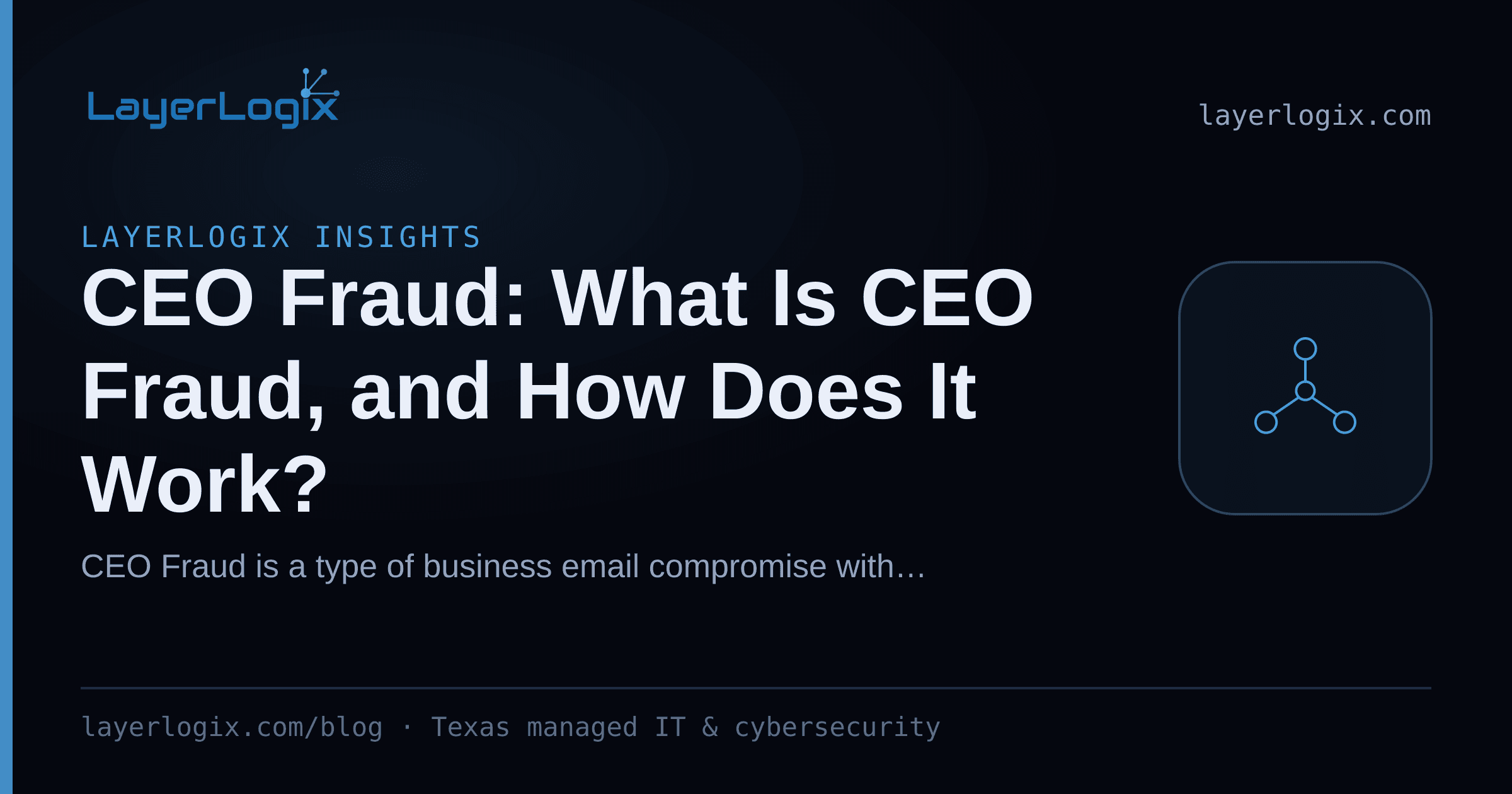 CEO Fraud: What Is CEO Fraud, and How Does It Work? — LayerLogix Insights article cover card from LayerLogix, with a network topology icon