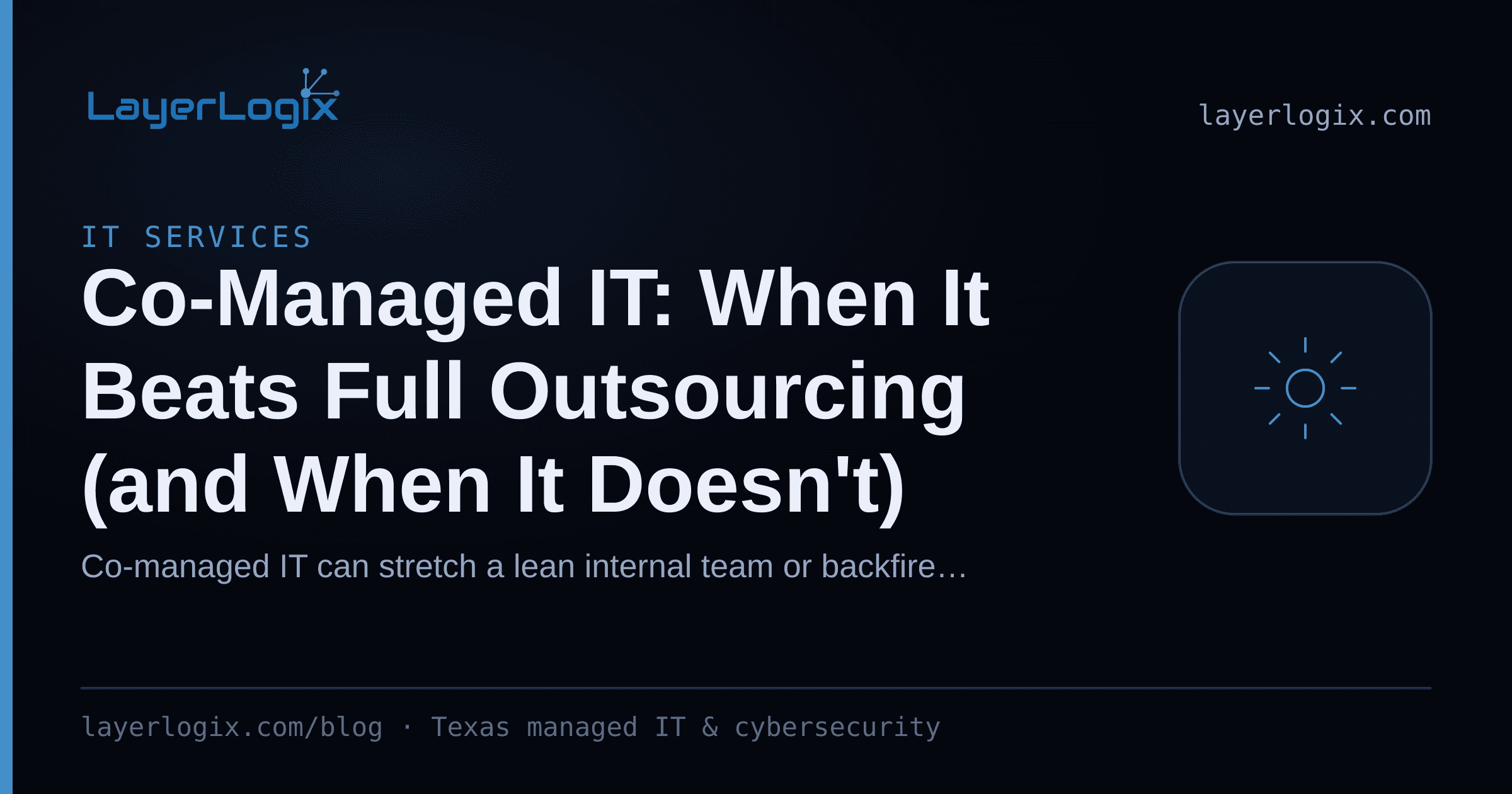 Co-Managed IT: When It Beats Full Outsourcing (and When It Doesn't) — IT Services article cover card from LayerLogix, with a managed service gear icon