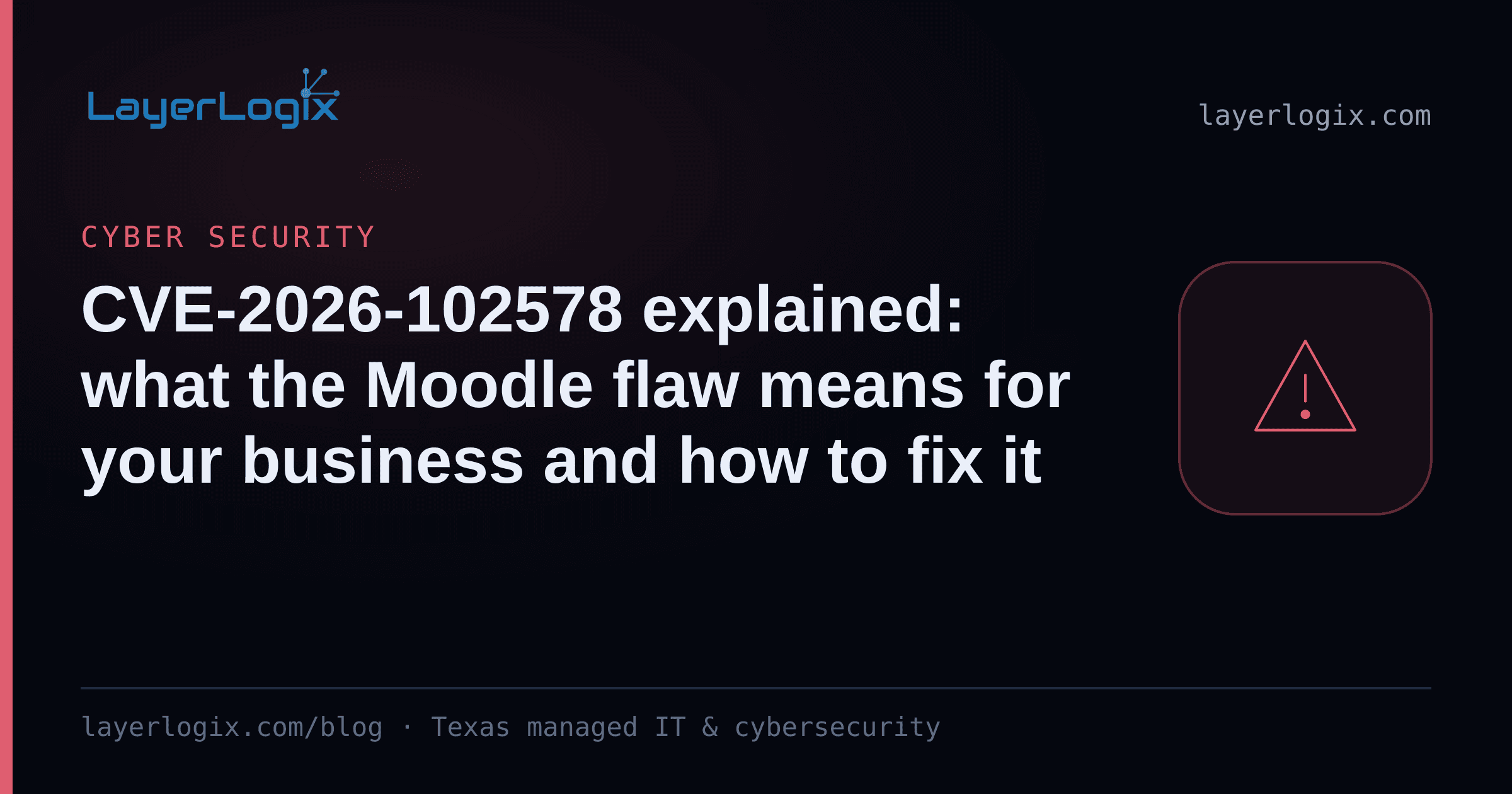 CVE-2026-102578 explained: what the Moodle flaw means for your business and how to fix it — Cyber Security article cover card from LayerLogix, with a warning alert icon