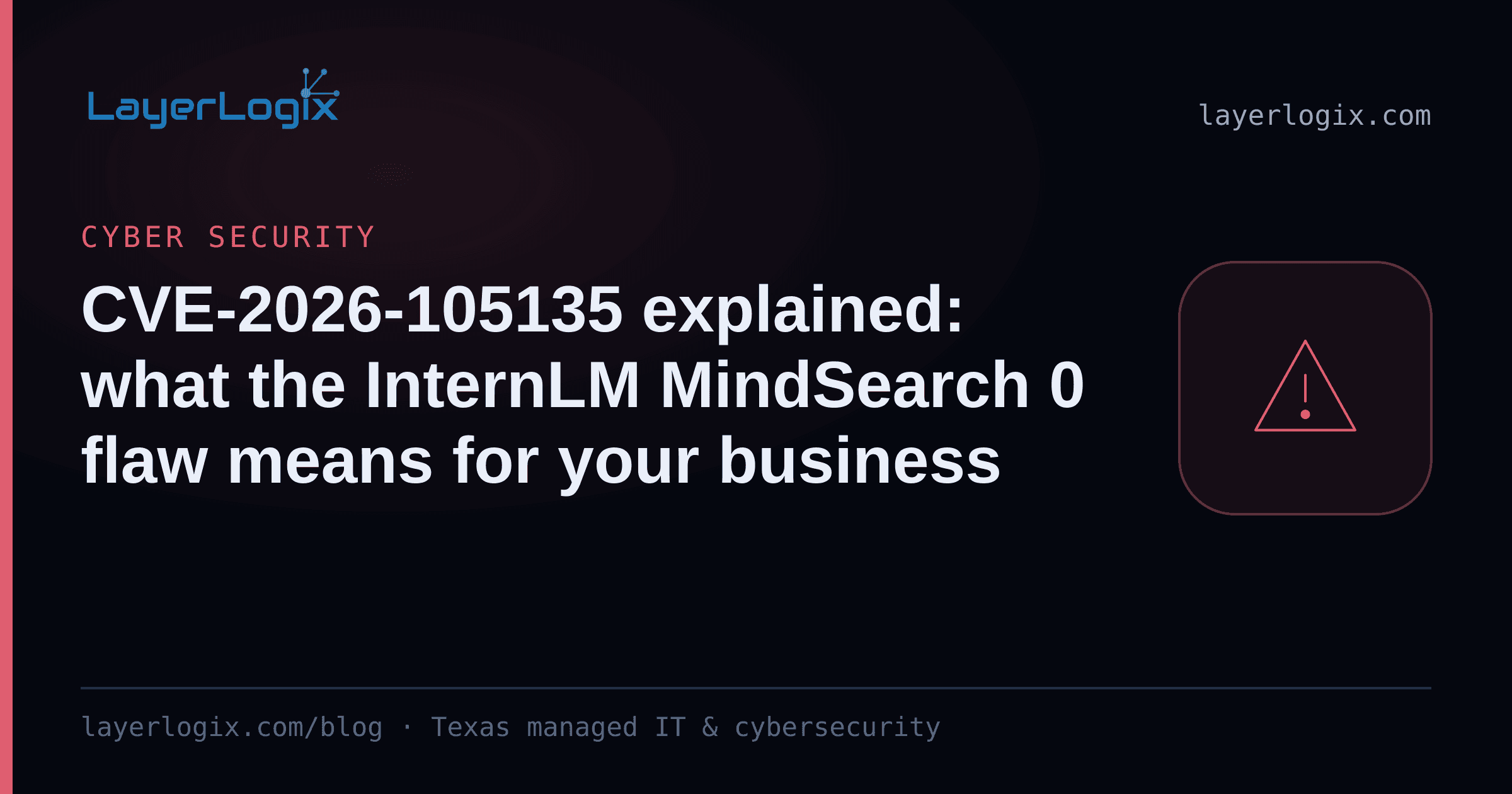 CVE-2026-105135 explained: what the InternLM MindSearch 0 flaw means for your business — Cyber Security article cover card from LayerLogix, with a warning alert icon