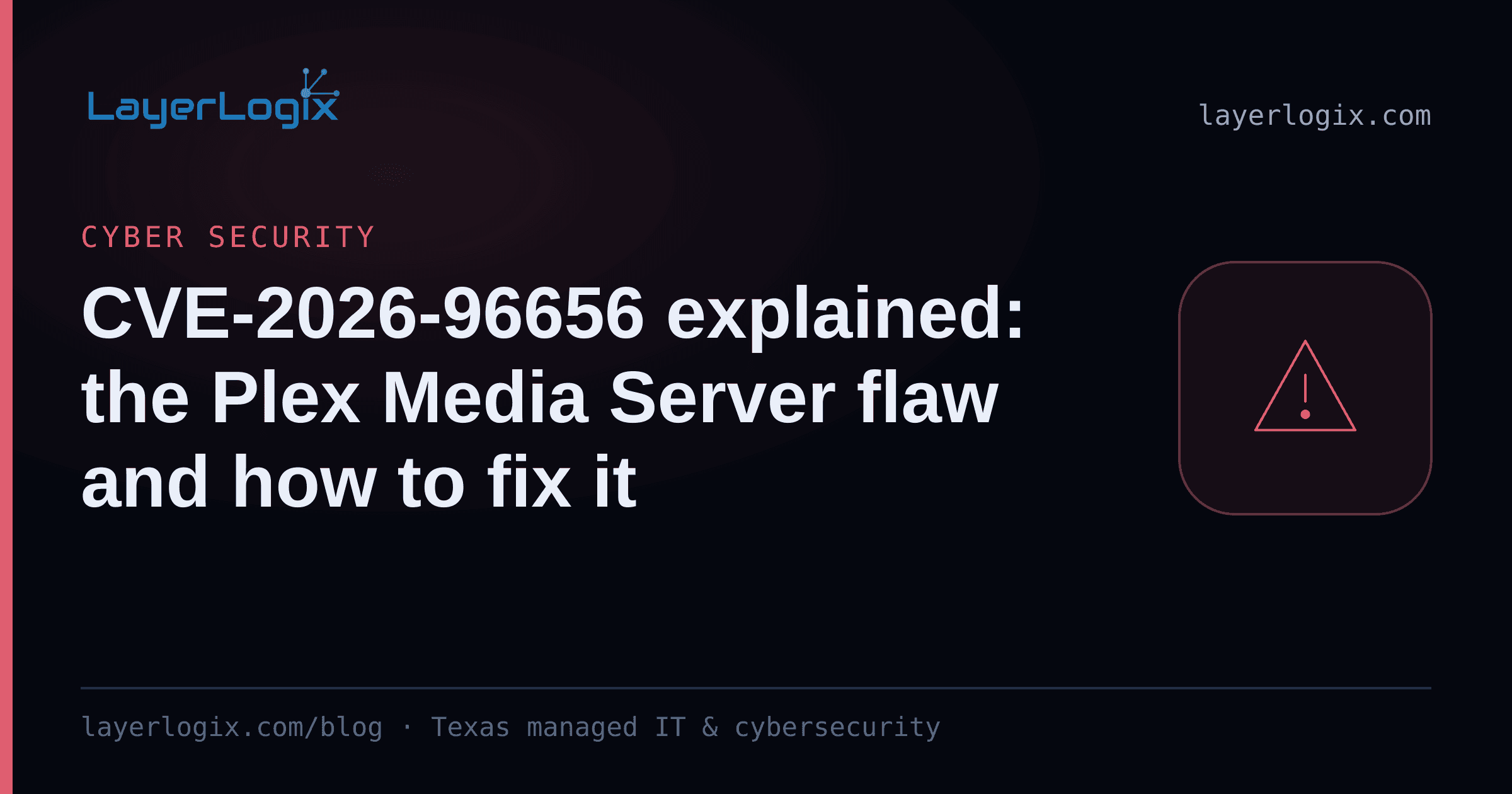 CVE-2026-96656 explained: the Plex Media Server flaw and how to fix it — Cyber Security article cover card from LayerLogix, with a warning alert icon