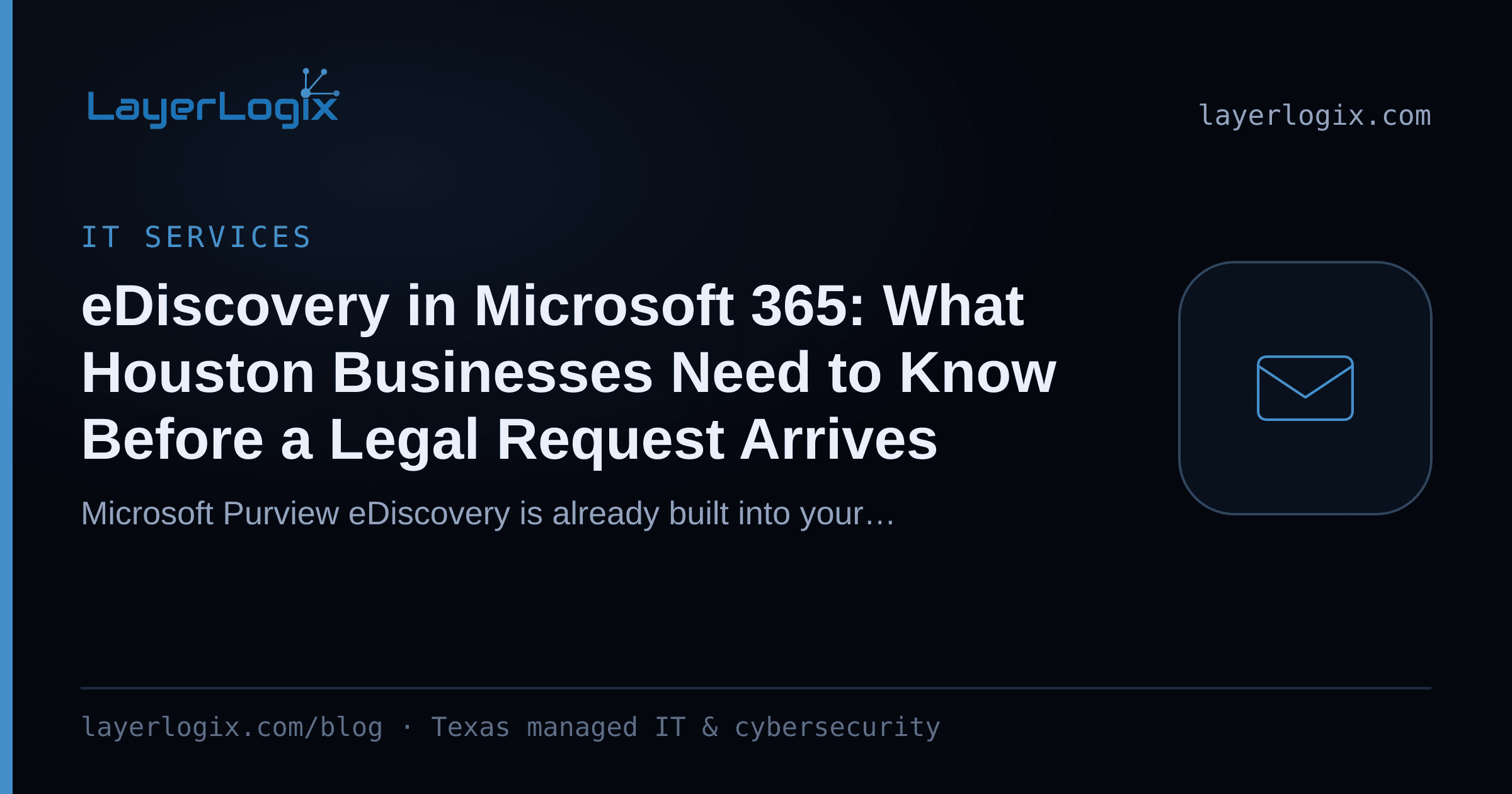 eDiscovery in Microsoft 365: What Houston Businesses Need to Know Before a Legal Request Arrives — IT Services article cover card from LayerLogix, with a email envelope icon