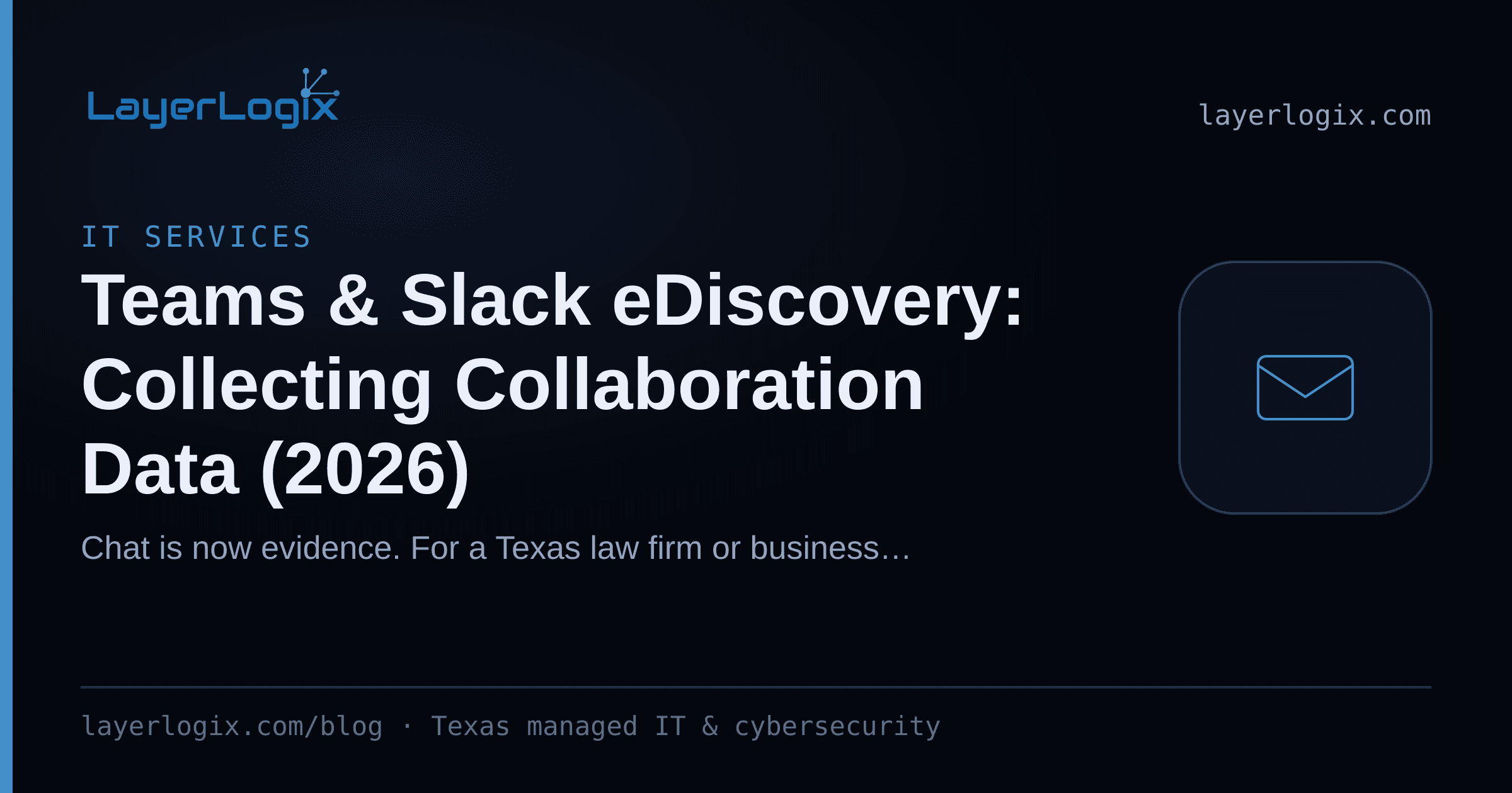 Teams & Slack eDiscovery: Collecting Collaboration Data (2026) — IT Services article cover card from LayerLogix, with a email envelope icon