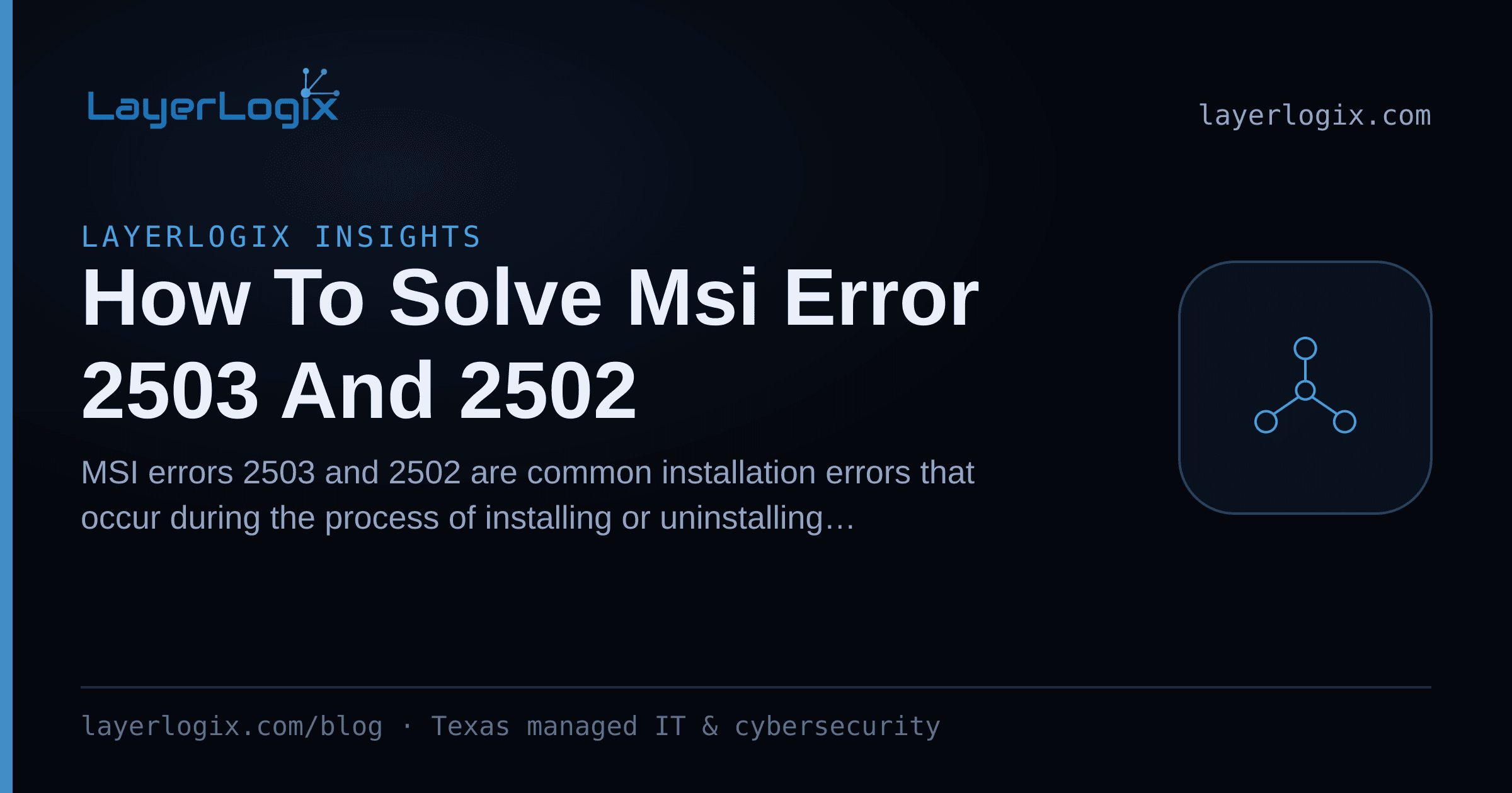 How To Solve Msi Error 2503 And 2502 — LayerLogix Insights article cover card from LayerLogix, with a network topology icon