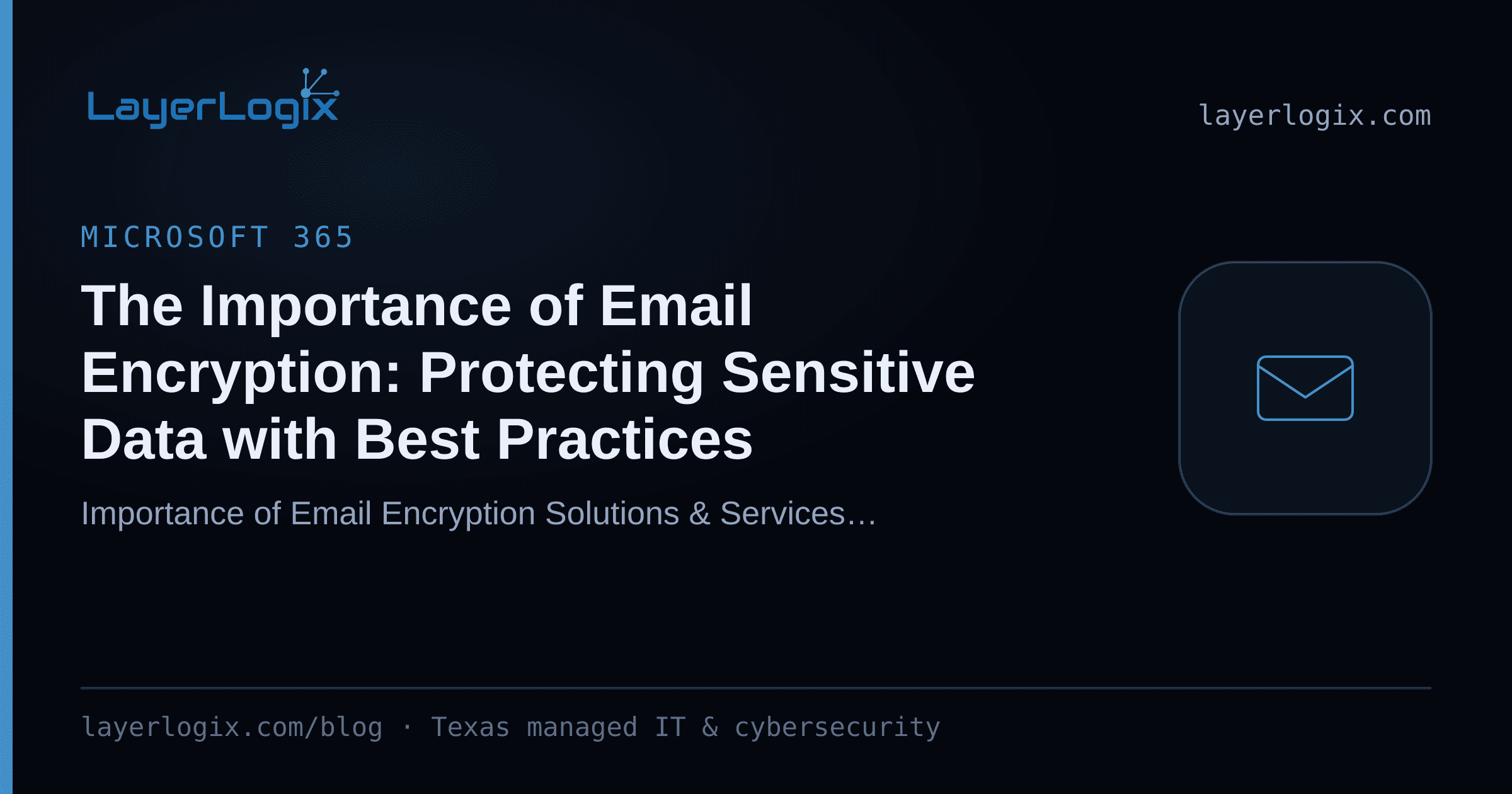 The Importance of Email Encryption: Protecting Sensitive Data with Best Practices — Microsoft 365 article cover card from LayerLogix, with a email envelope icon