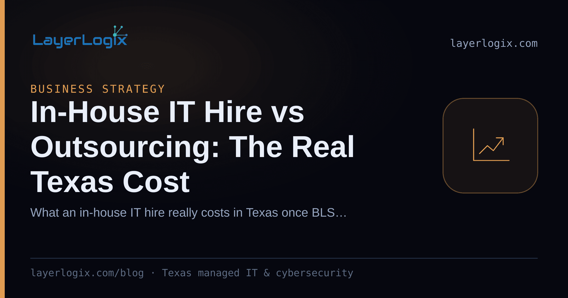 In-House IT Hire vs Outsourcing: The Real Texas Cost — Business Strategy article cover card from LayerLogix, with a cost trend icon