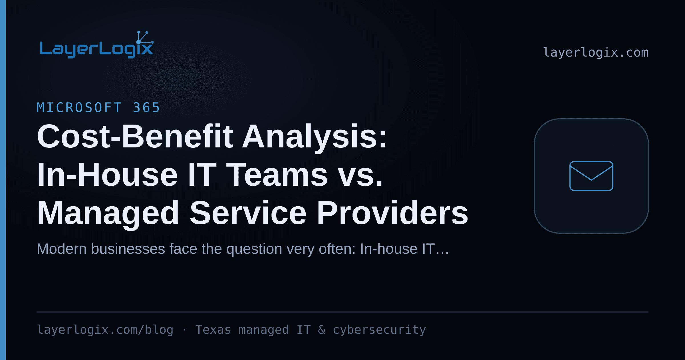 Cost-Benefit Analysis: In-House IT Teams vs. Managed Service Providers — Microsoft 365 article cover card from LayerLogix, with a email envelope icon