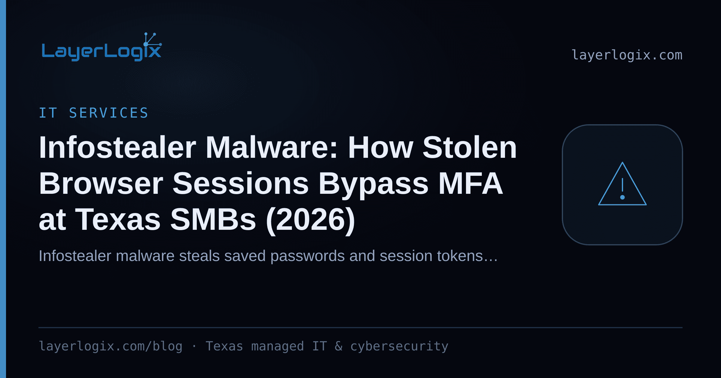 Infostealer Malware: How Stolen Browser Sessions Bypass MFA at Texas SMBs (2026) — IT Services article cover card from LayerLogix, with a warning alert icon