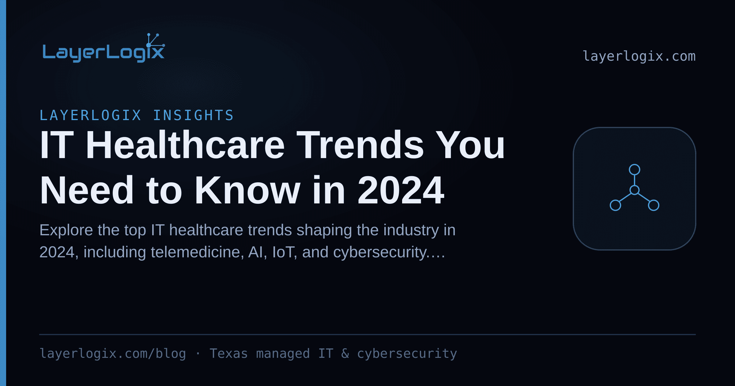 IT Healthcare Trends You Need to Know in 2024 — LayerLogix Insights article cover card from LayerLogix, with a network topology icon