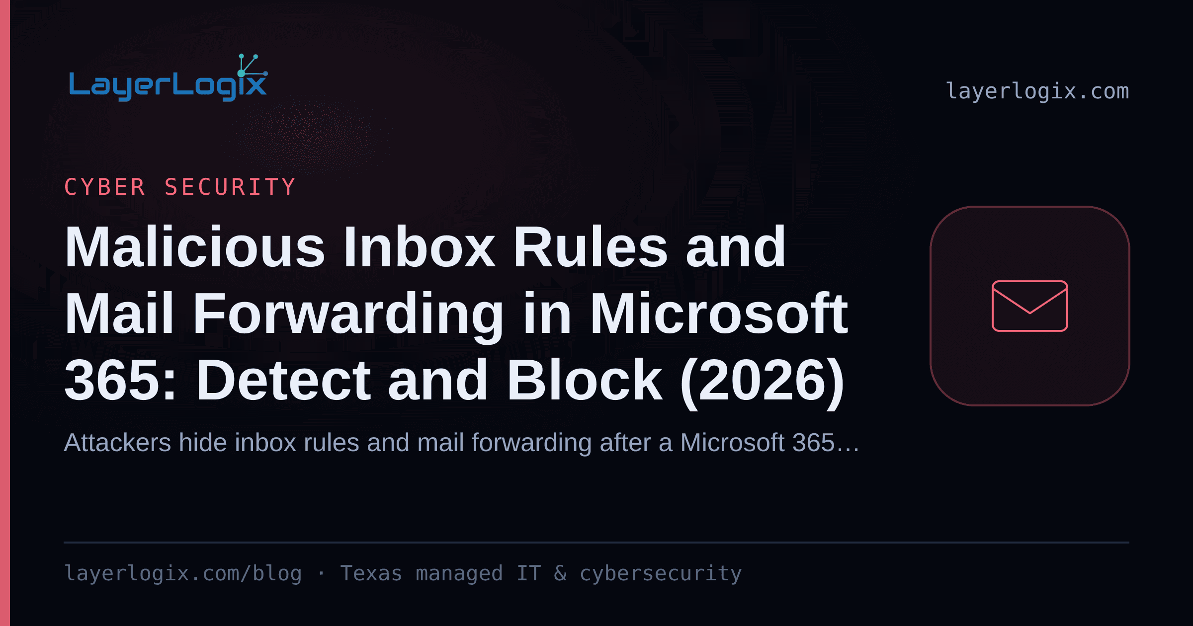 Malicious Inbox Rules and Mail Forwarding in Microsoft 365: Detect and Block (2026) — Cyber Security article cover card from LayerLogix, with a email envelope icon