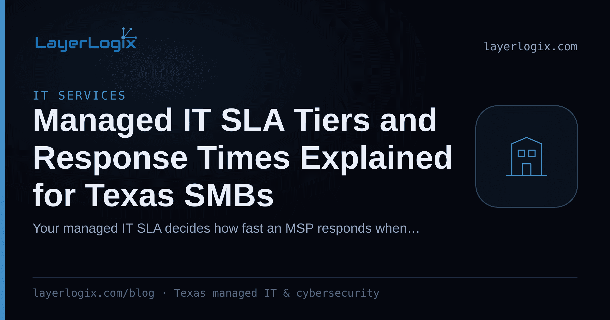 Managed IT SLA Tiers and Response Times Explained for Texas SMBs — IT Services article cover card from LayerLogix, with a office building icon