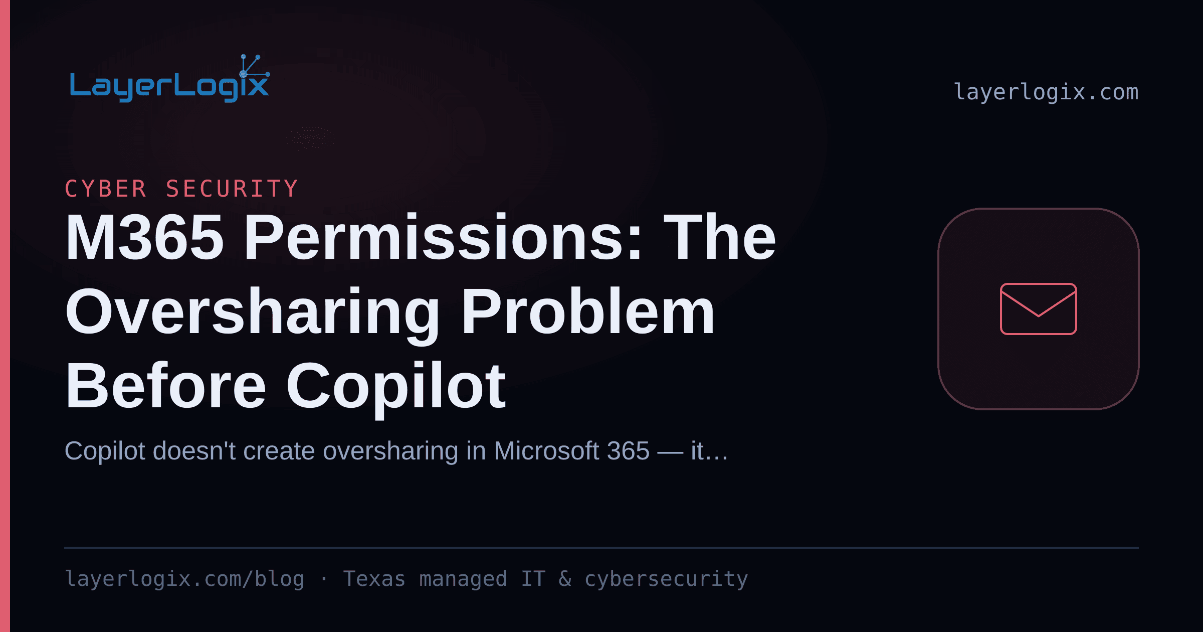 M365 Permissions: The Oversharing Problem Before Copilot — Cyber Security article cover card from LayerLogix, with a email envelope icon
