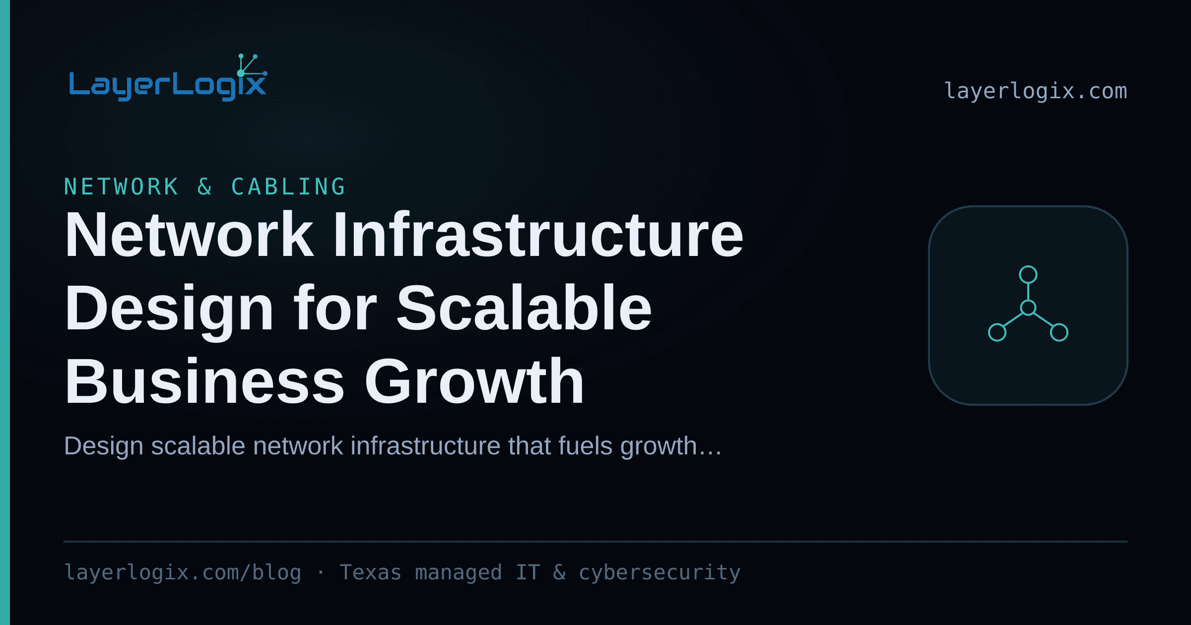 Network Infrastructure Design for Scalable Business Growth — Network & Cabling article cover card from LayerLogix, with a network topology icon