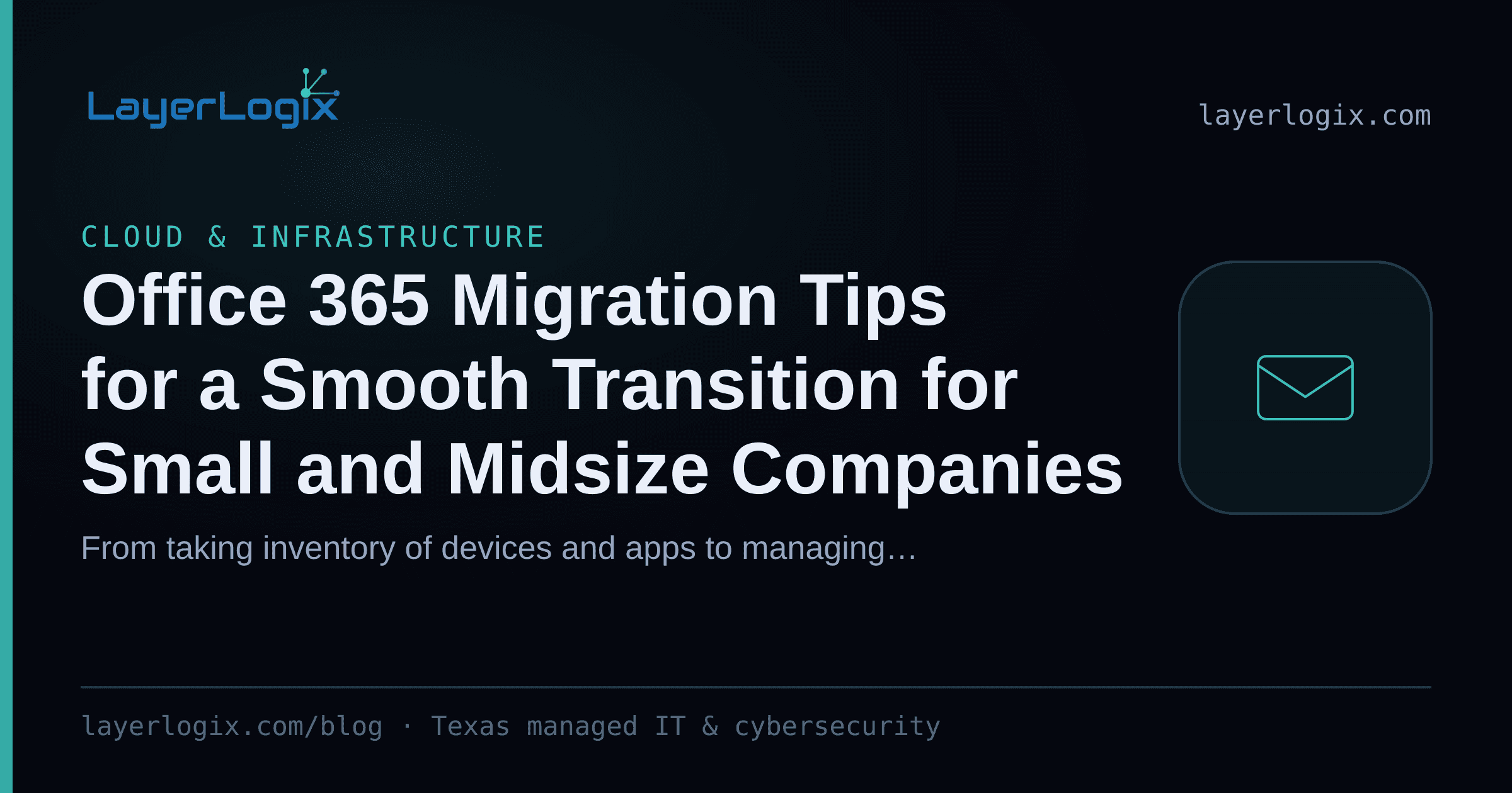 Office 365 Migration Tips for a Smooth Transition for Small and Midsize Companies — Cloud & Infrastructure article cover card from LayerLogix, with a email envelope icon