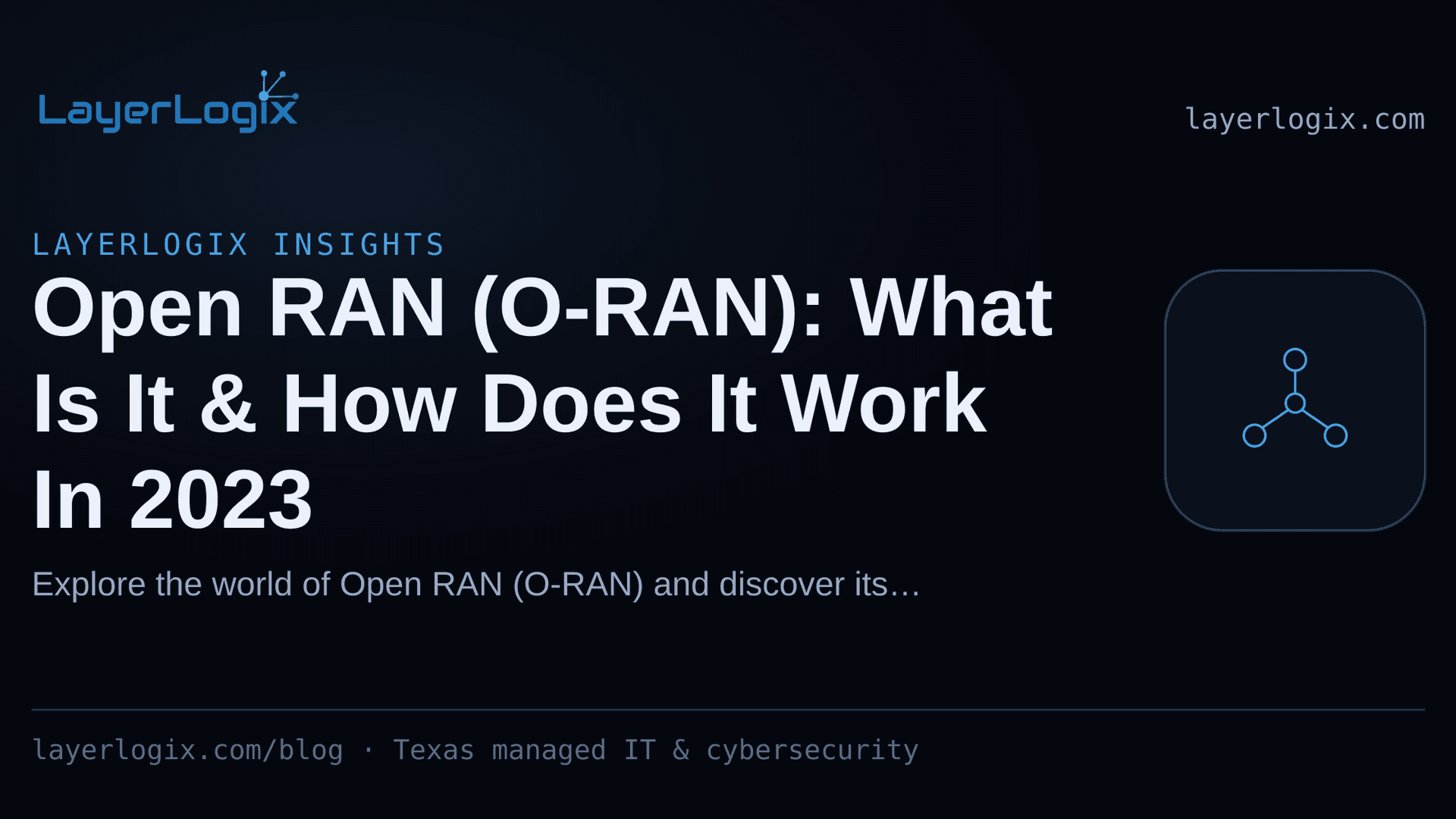 Open RAN (O-RAN): What Is It & How Does It Work In 2023 — LayerLogix Insights article cover card from LayerLogix, with a network topology icon