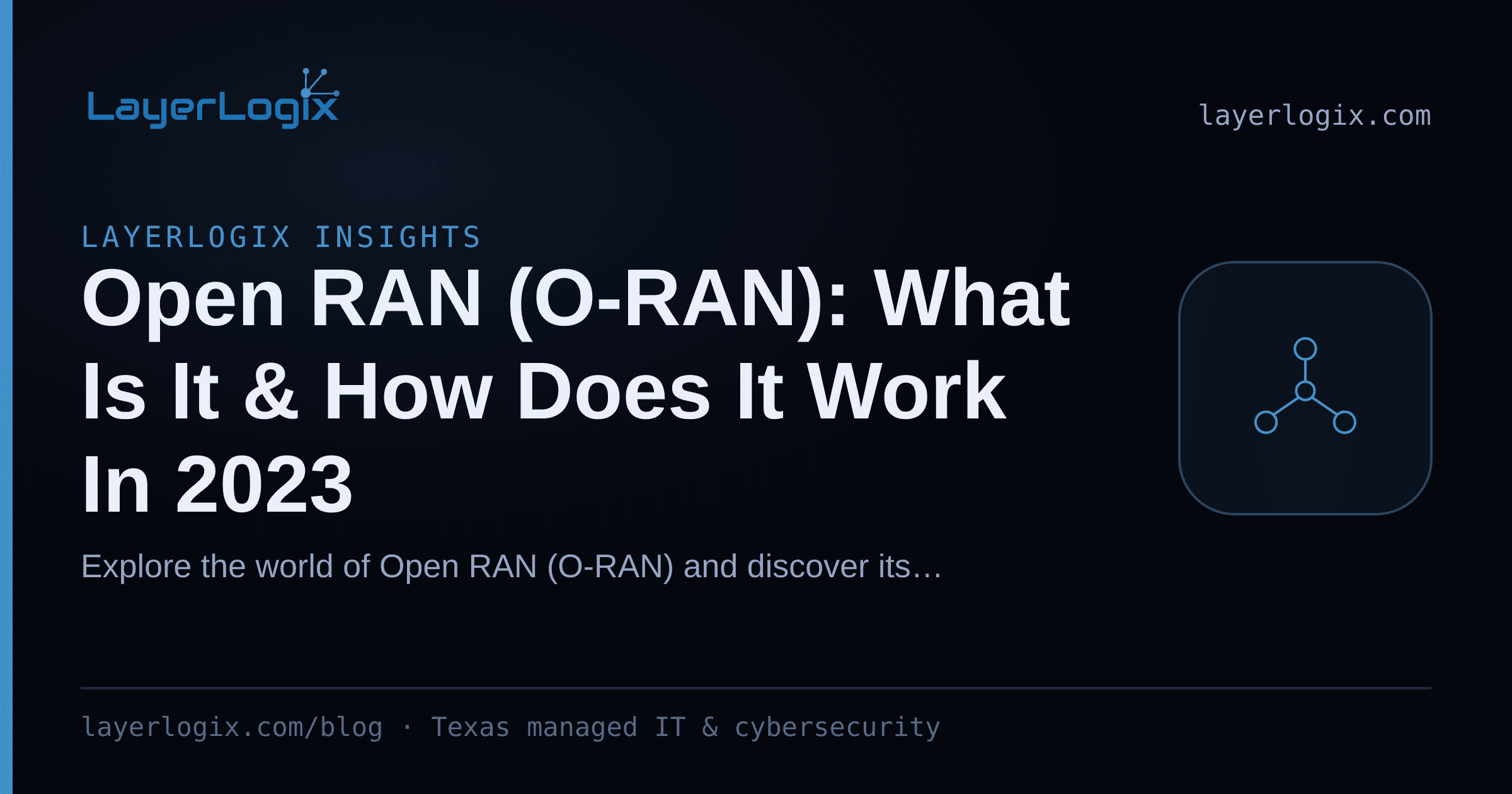 Open RAN (O-RAN): What Is It & How Does It Work In 2023 — LayerLogix Insights article cover card from LayerLogix, with a network topology icon