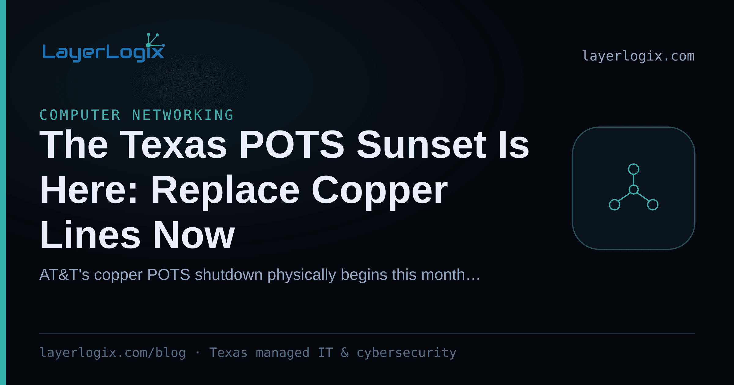 The Texas POTS Sunset Is Here: Replace Copper Lines Now — Computer Networking article cover card from LayerLogix, with a network topology icon