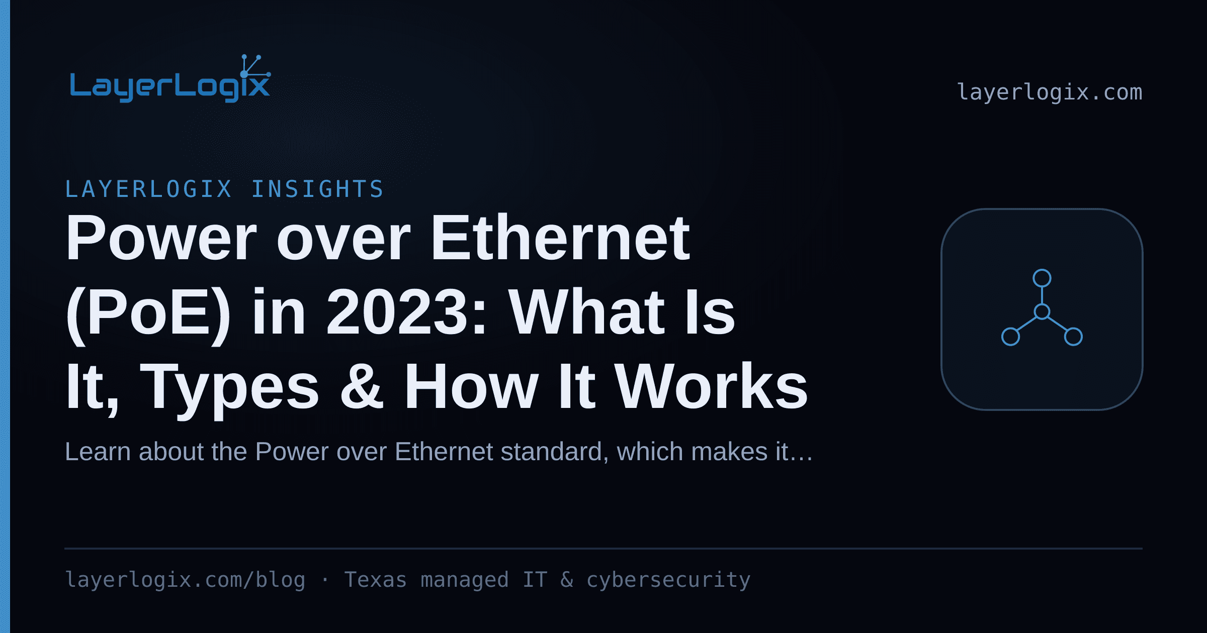 Power over Ethernet (PoE) in 2023: What Is It, Types & How It Works — LayerLogix Insights article cover card from LayerLogix, with a network topology icon