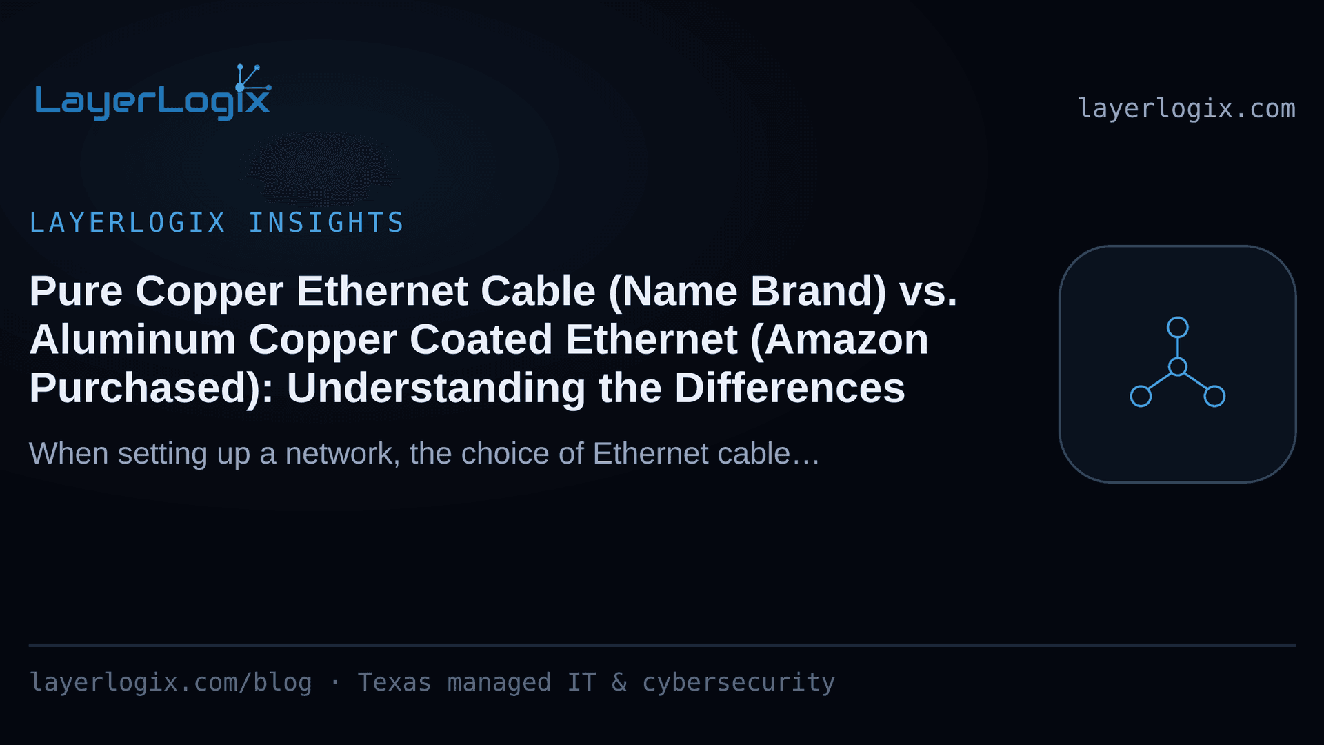 Pure Copper Ethernet Cable (Name Brand) vs. Aluminum Copper Coated Ethernet (Amazon Purchased): Understanding the Differences — LayerLogix Insights article cover card from LayerLogix, with a network topology icon