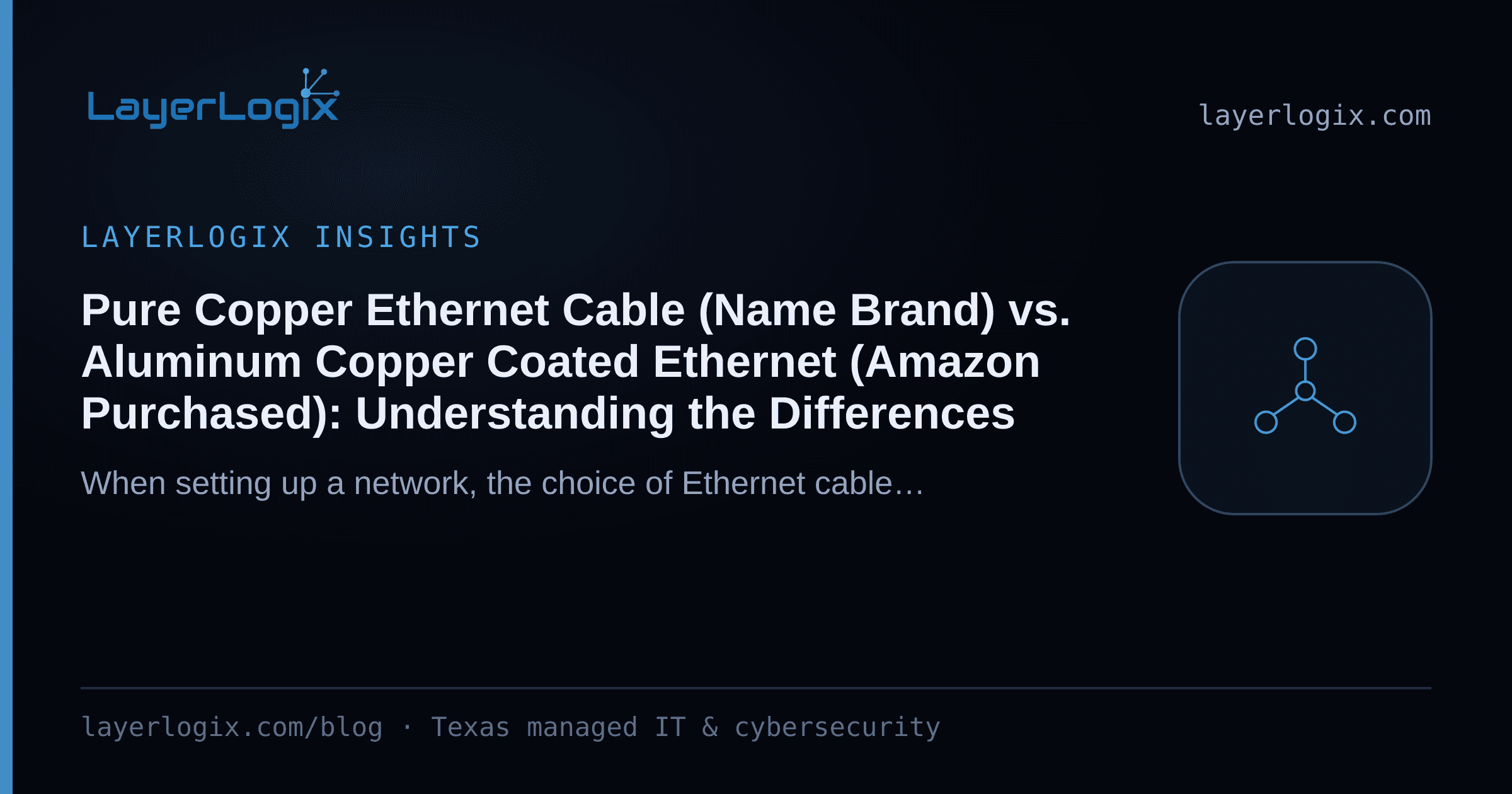 Pure Copper Ethernet Cable (Name Brand) vs. Aluminum Copper Coated Ethernet (Amazon Purchased): Understanding the Differences — LayerLogix Insights article cover card from LayerLogix, with a network topology icon