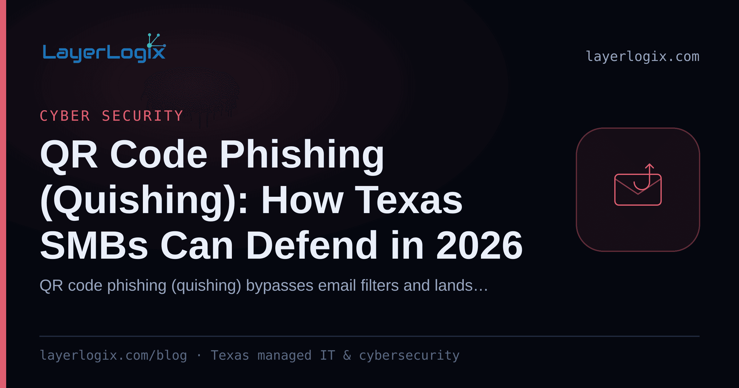 QR Code Phishing (Quishing): How Texas SMBs Can Defend in 2026 — Cyber Security article cover card from LayerLogix, with a phishing hook icon