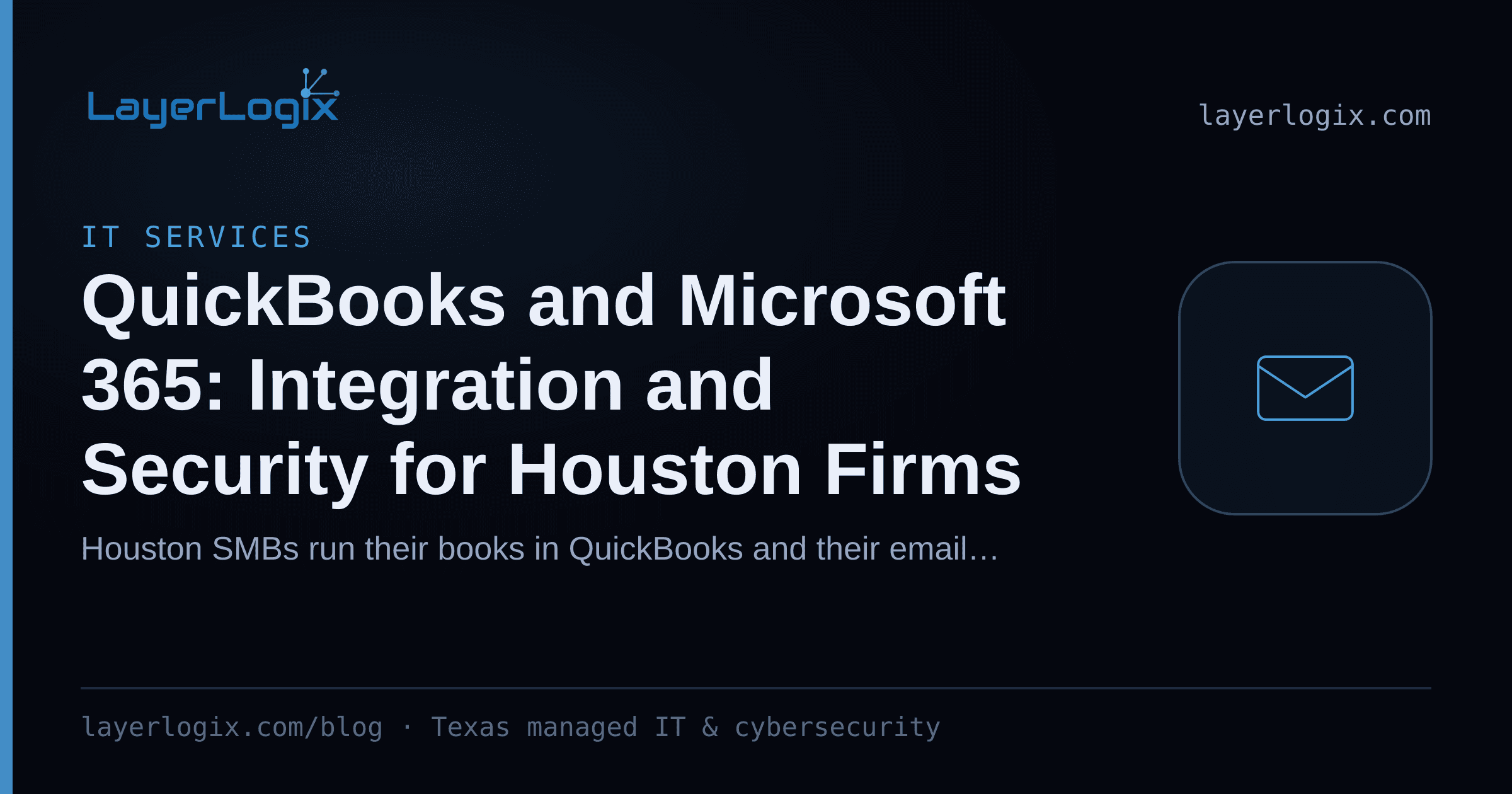 QuickBooks and Microsoft 365: Integration and Security for Houston Firms — IT Services article cover card from LayerLogix, with a email envelope icon