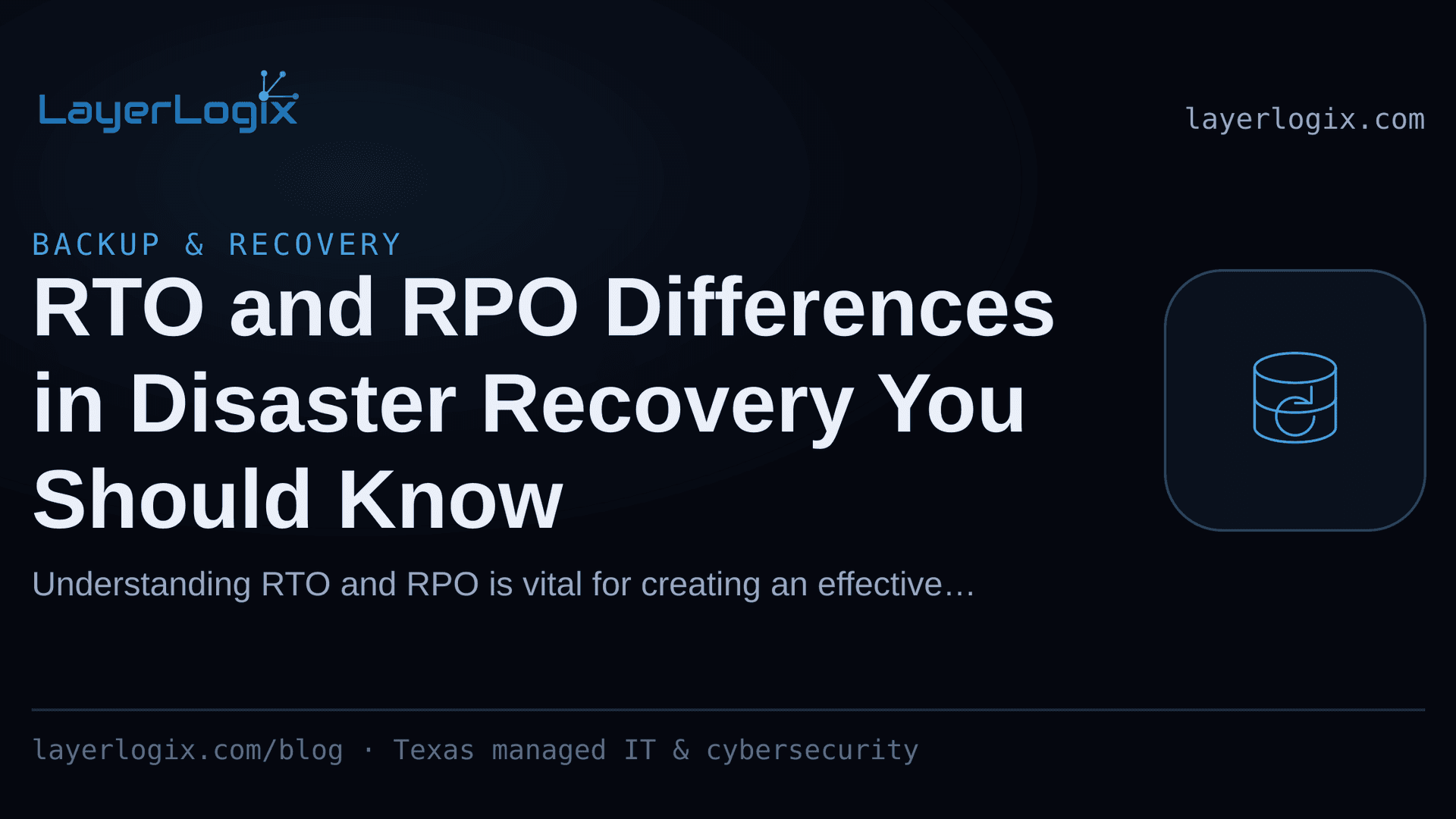 RTO and RPO Differences in Disaster Recovery You Should Know — Backup & Recovery article cover card from LayerLogix, with a backup restore icon
