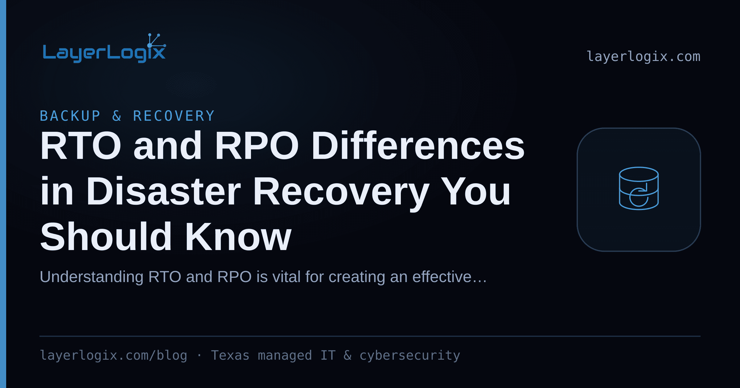 RTO and RPO Differences in Disaster Recovery You Should Know — Backup & Recovery article cover card from LayerLogix, with a backup restore icon