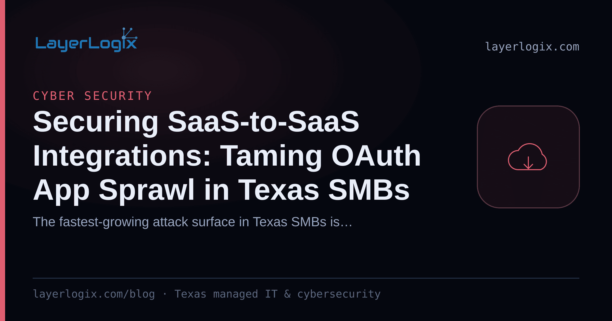 Securing SaaS-to-SaaS Integrations: Taming OAuth App Sprawl in Texas SMBs — Cyber Security article cover card from LayerLogix, with a cloud icon