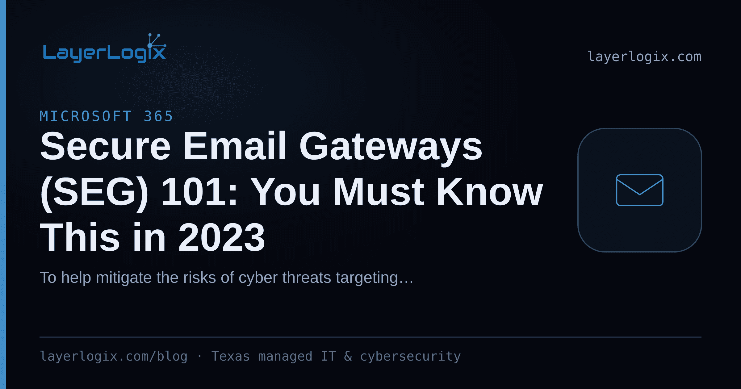 Secure Email Gateways (SEG) 101: You Must Know This in 2023 — Microsoft 365 article cover card from LayerLogix, with a email envelope icon