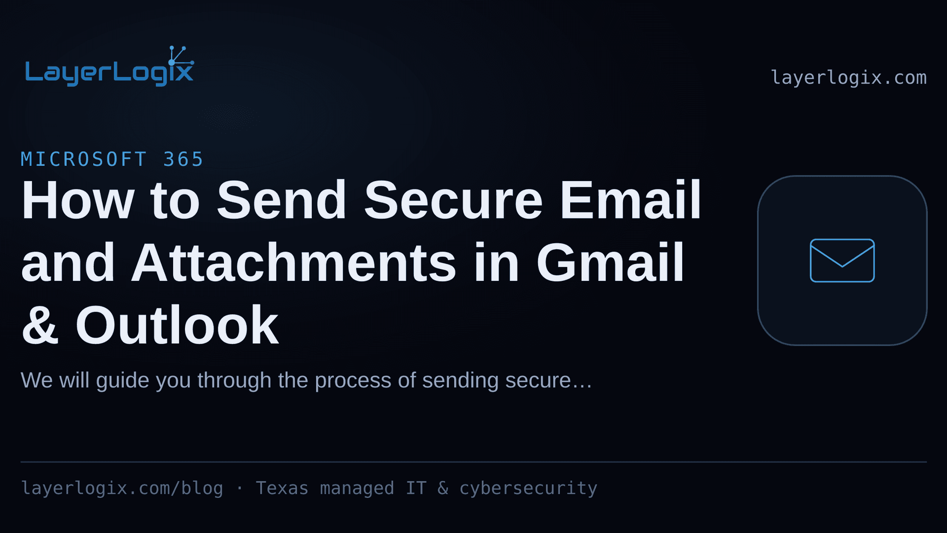 How to Send Secure Email and Attachments in Gmail & Outlook — Microsoft 365 article cover card from LayerLogix, with a email envelope icon