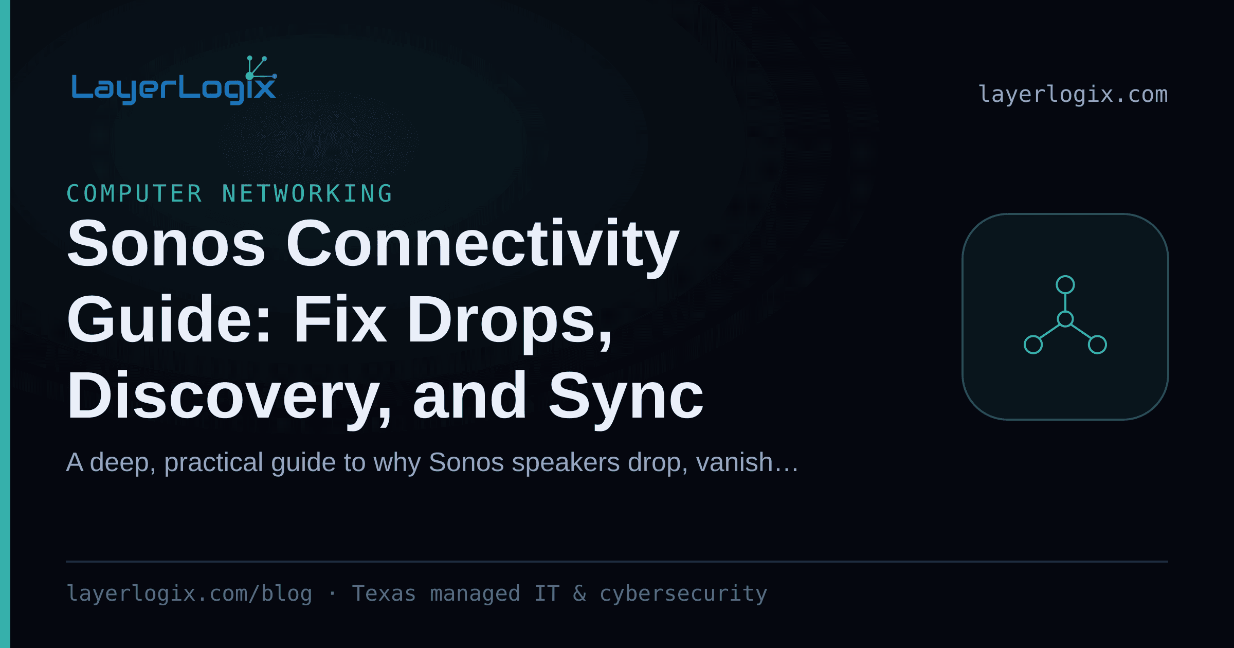 Sonos Connectivity Guide: Fix Drops, Discovery, and Sync — Computer Networking article cover card from LayerLogix, with a network topology icon