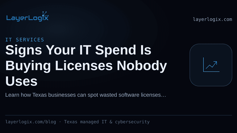 Signs Your IT Spend Is Buying Licenses Nobody Uses — IT Services article cover card from LayerLogix, with a cost trend icon