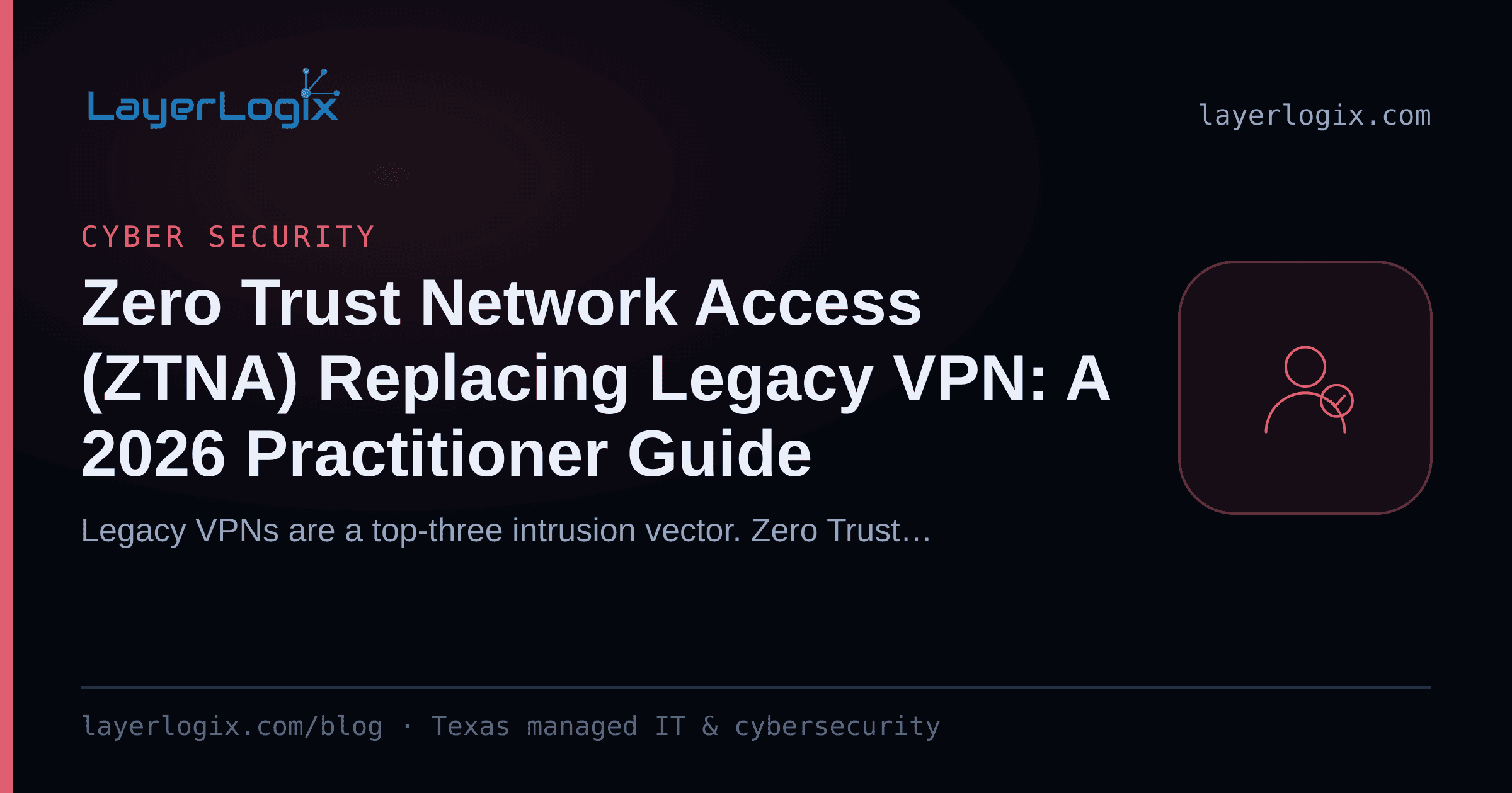 Zero Trust Network Access (ZTNA) Replacing Legacy VPN: A 2026 Practitioner Guide — Cyber Security article cover card from LayerLogix, with a user identity icon