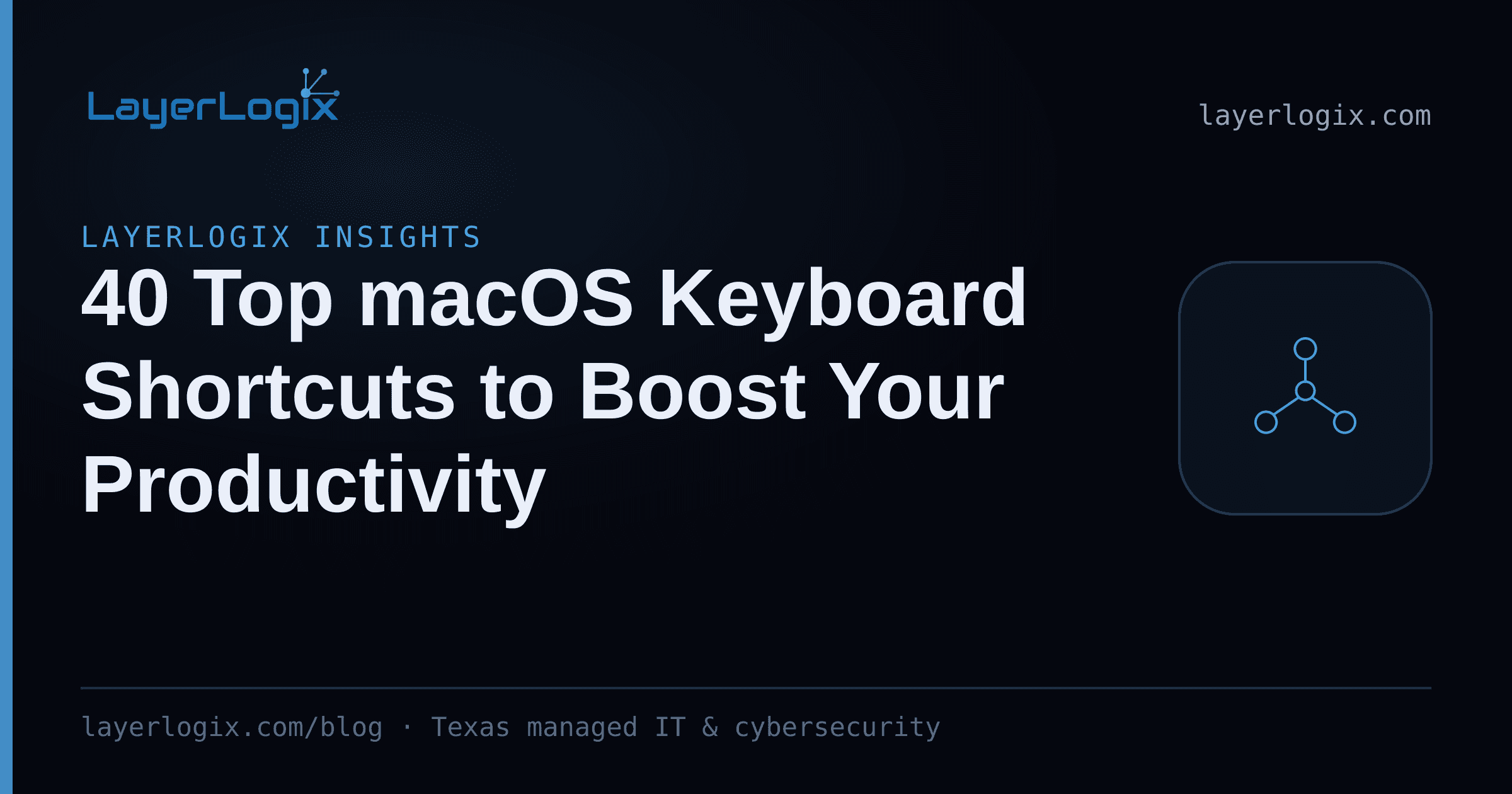 40 Top macOS Keyboard Shortcuts to Boost Your Productivity — LayerLogix Insights article cover card from LayerLogix, with a network topology icon