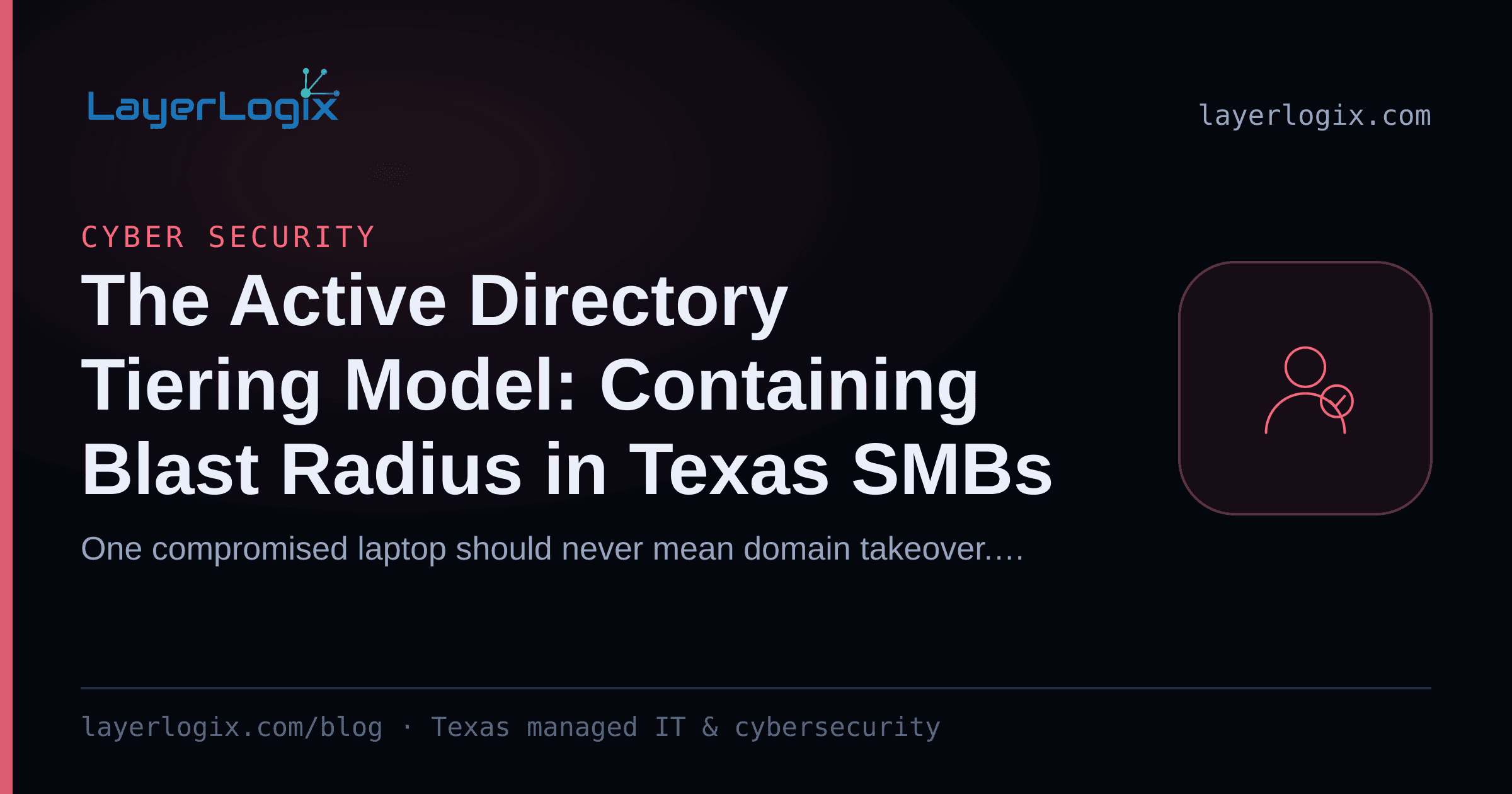 The Active Directory Tiering Model: Containing Blast Radius in Texas SMBs — Cyber Security article cover card from LayerLogix, with a user identity icon
