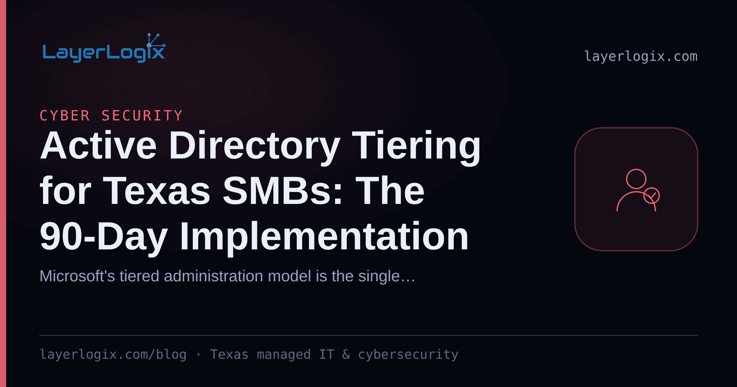 Active Directory Tiering for Texas SMBs: The 90-Day Implementation — Cyber Security article cover card from LayerLogix, with a user identity icon