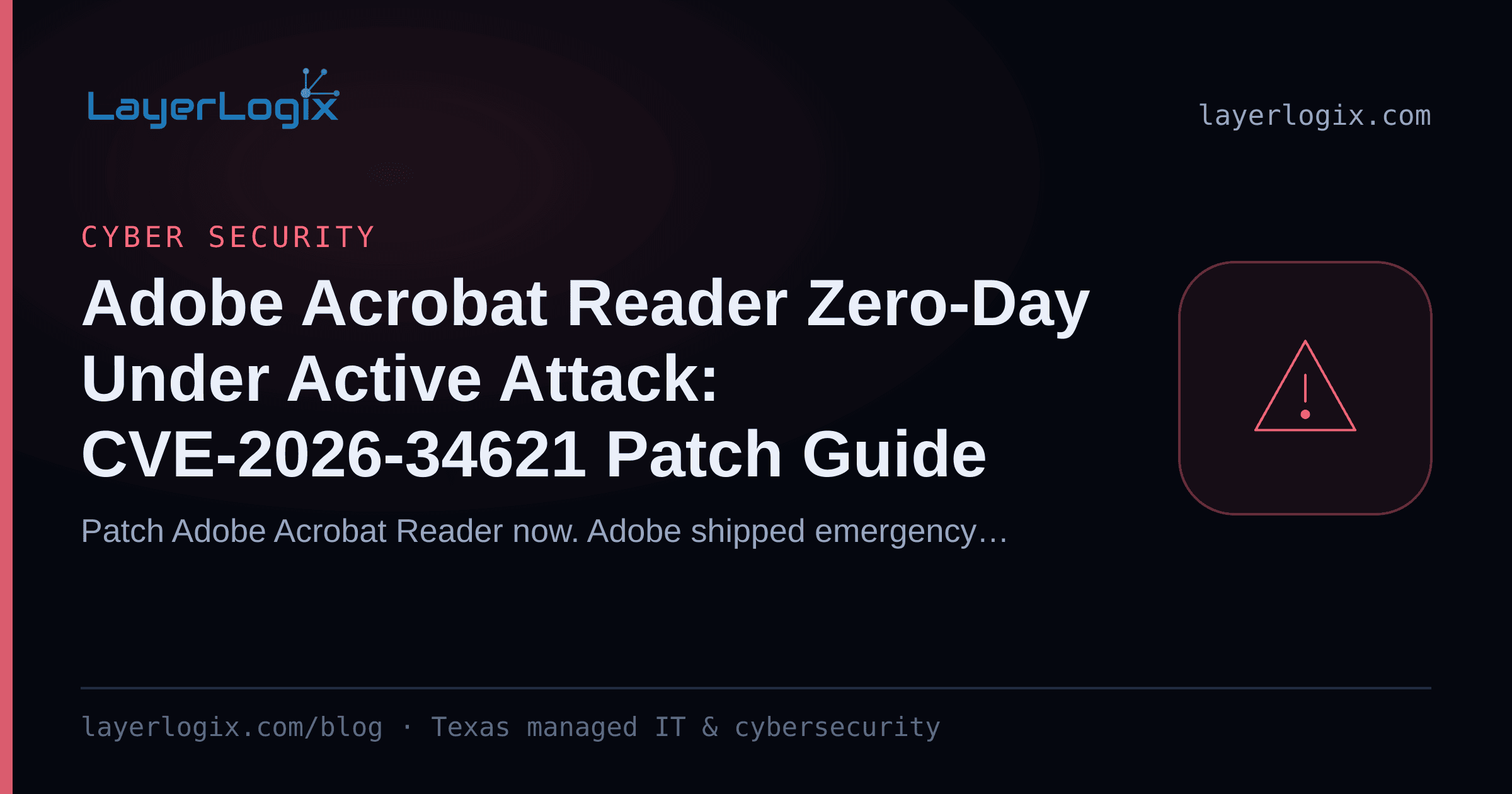 Adobe Acrobat Reader Zero-Day Under Active Attack: CVE-2026-34621 Patch Guide — Cyber Security article cover card from LayerLogix, with a warning alert icon