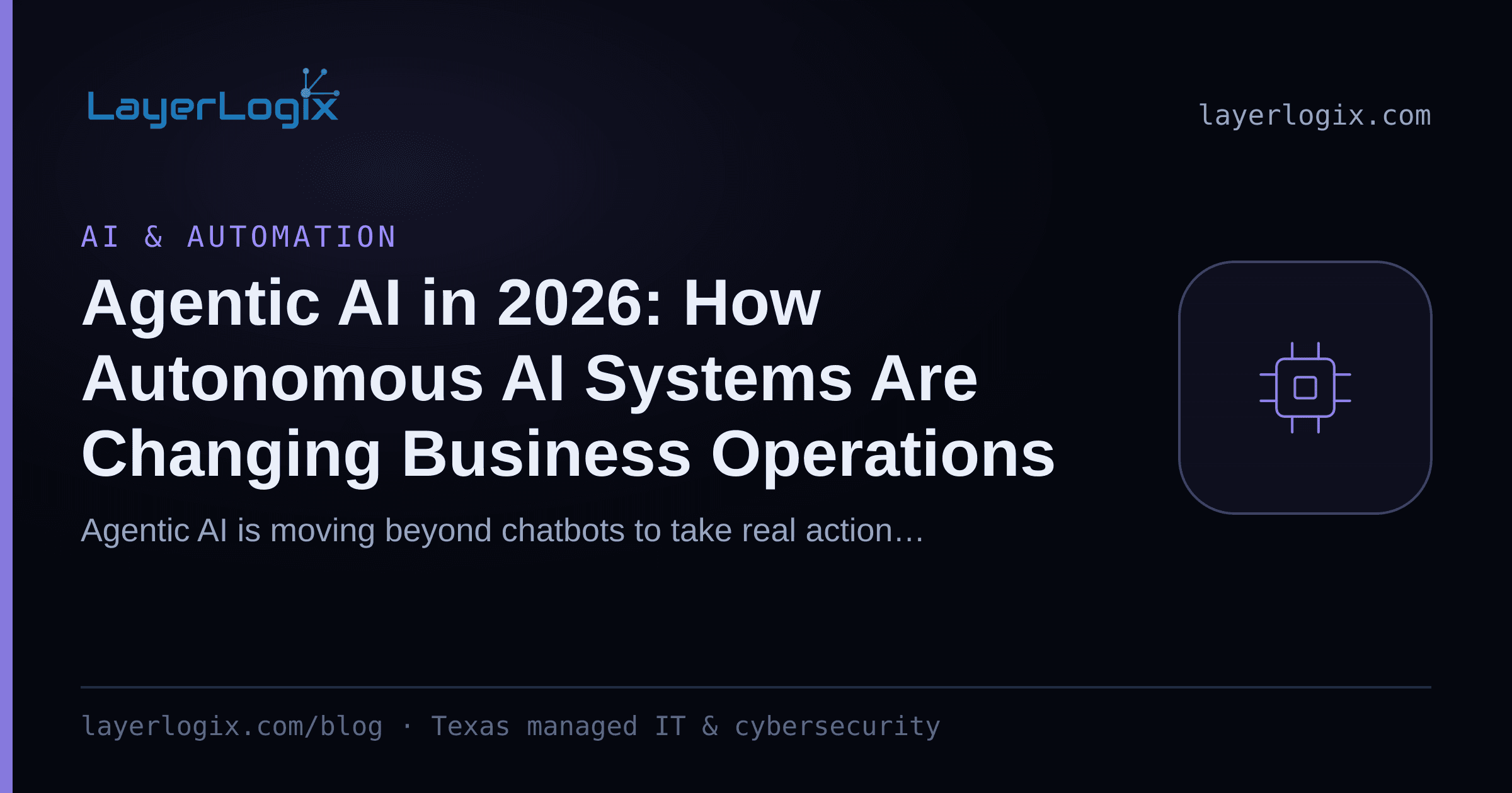 Agentic AI in 2026: How Autonomous AI Systems Are Changing Business Operations — AI & Automation article cover card from LayerLogix, with a processor chip icon