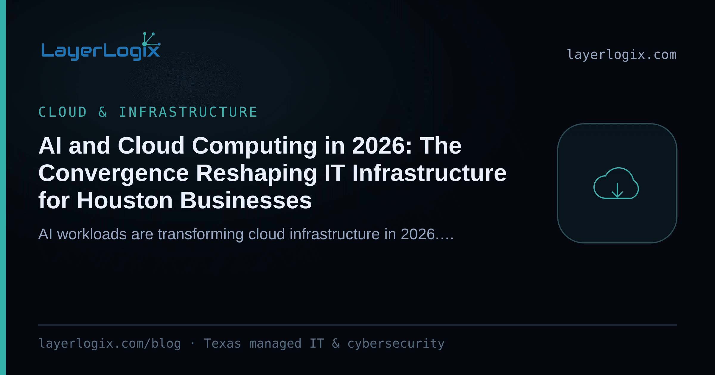 AI and Cloud Computing in 2026: The Convergence Reshaping IT Infrastructure for Houston Businesses — Cloud & Infrastructure article cover card from LayerLogix, with a cloud icon