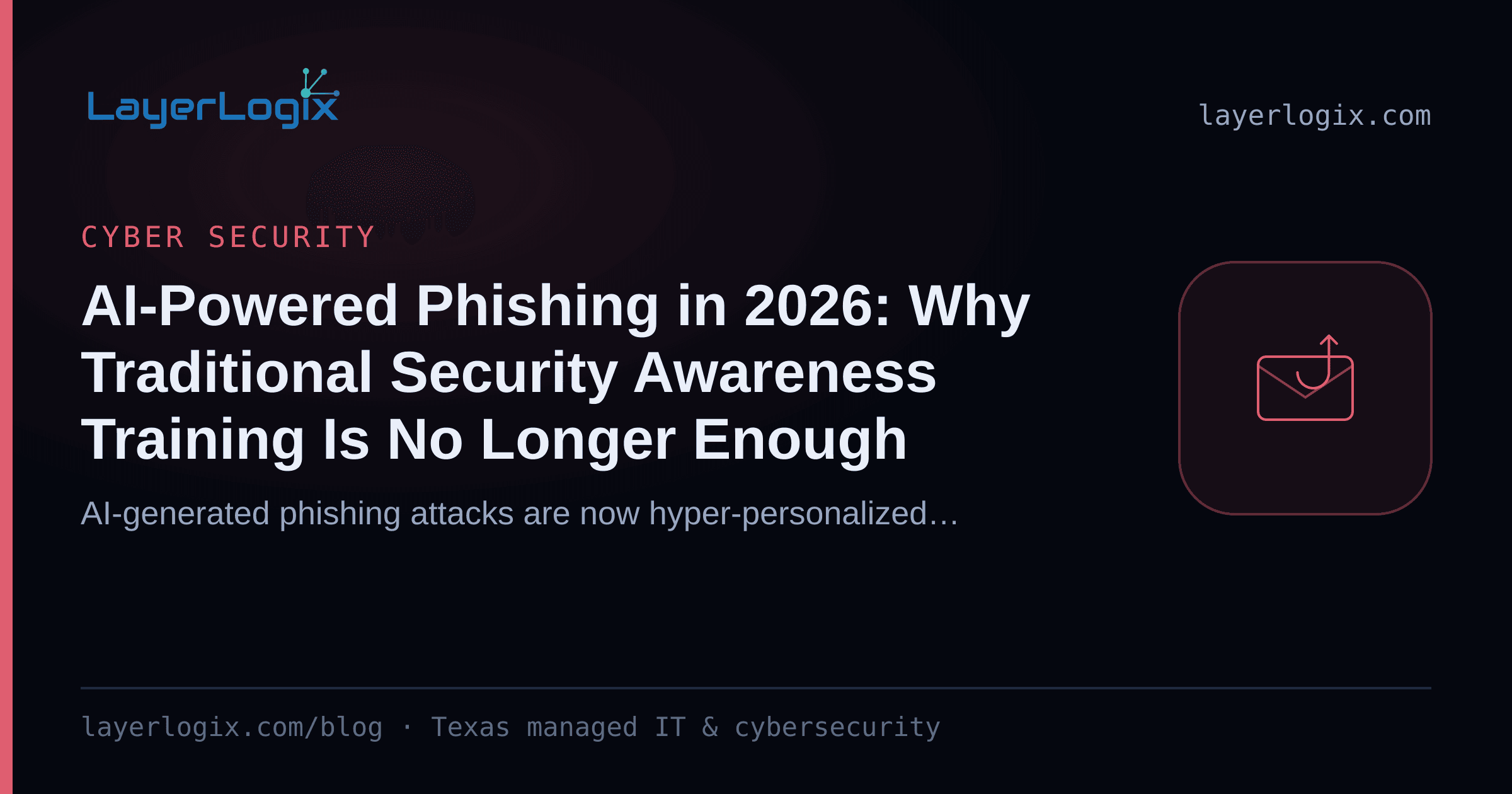 AI-Powered Phishing in 2026: Why Traditional Security Awareness Training Is No Longer Enough — Cyber Security article cover card from LayerLogix, with a phishing hook icon